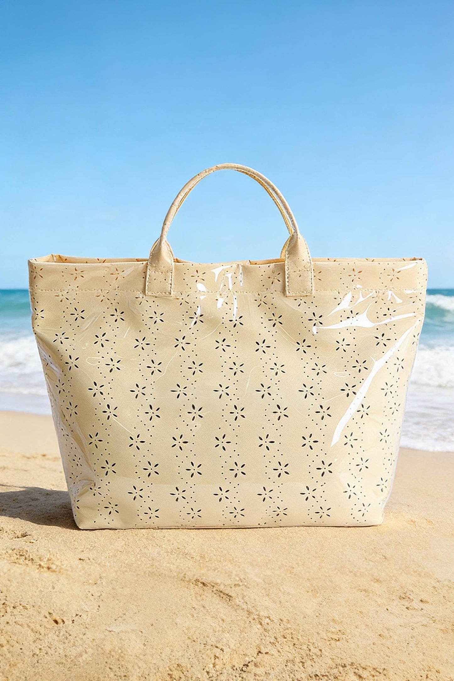 Beige Eyelet Flower Pattern PVC Glossy Waterproof Tote Bag