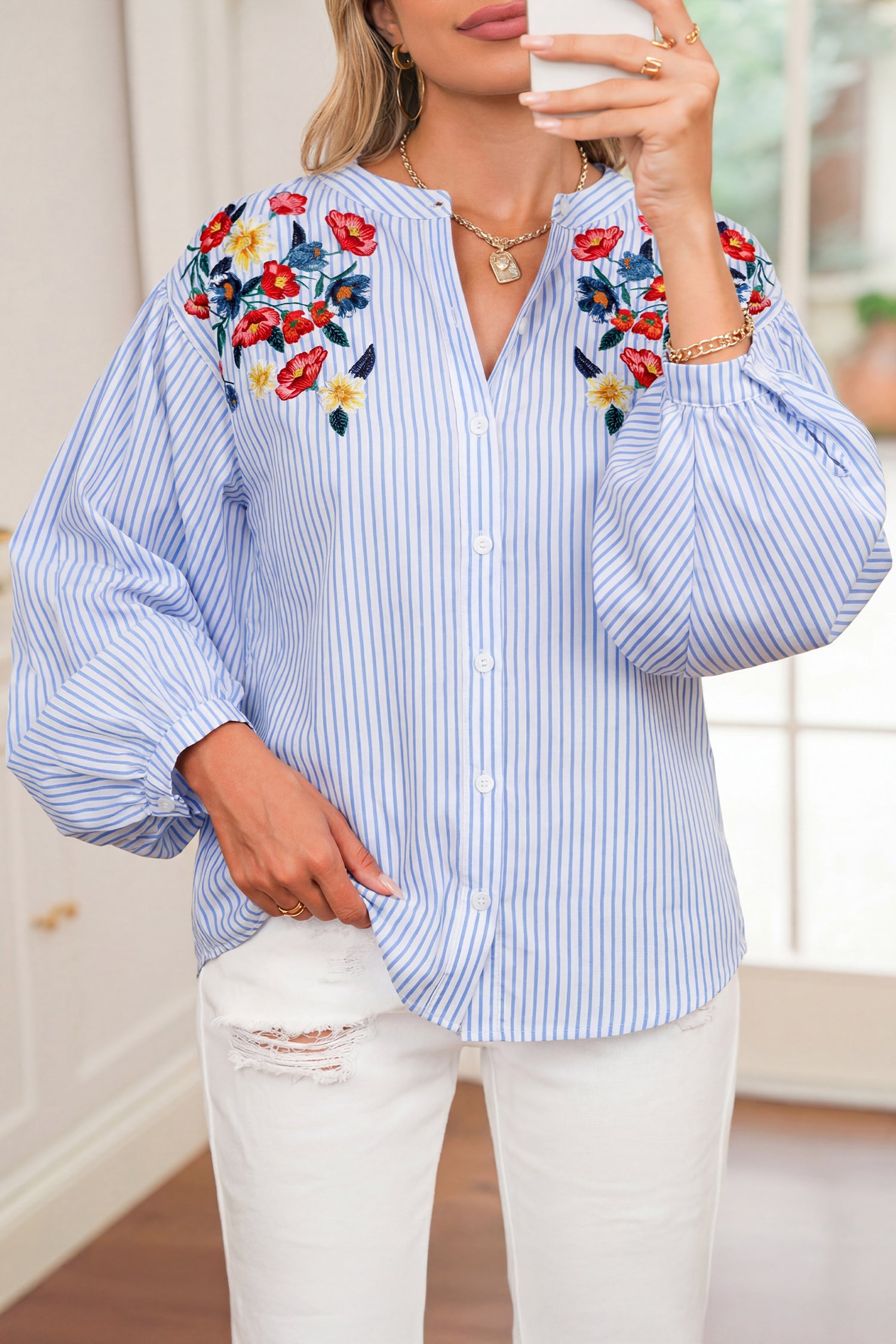 Sky Blue Stripe Floral Embroidered Billowy Sleeve Tunic Baggy Shirt-Tops/Blouses & Shirts-[Adult]-[Female]-2022 Online Blue Zone Planet