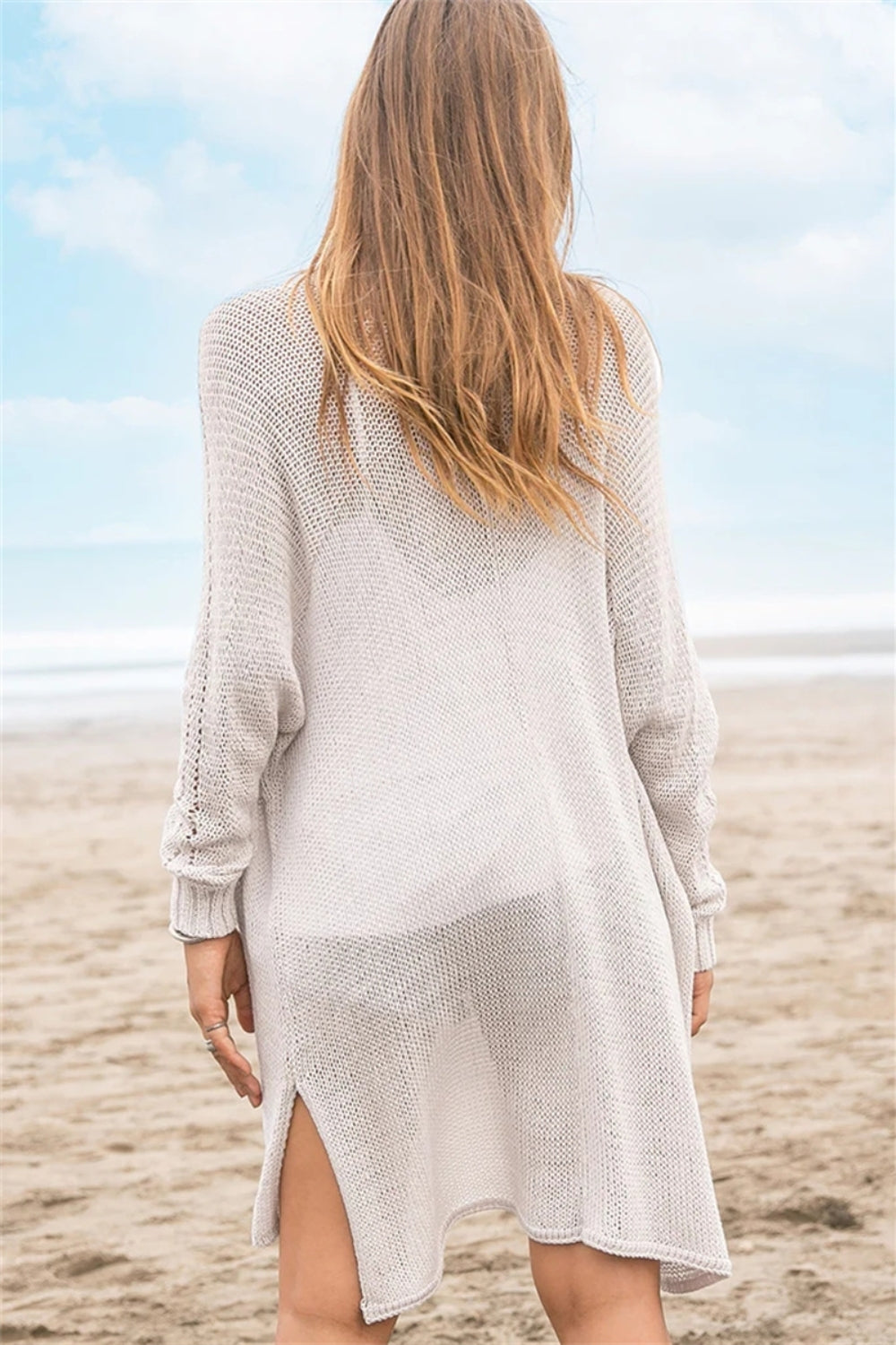 Openwork Side Slit Open Front Long Sleeve Cardigan-TOPS / DRESSES-[Adult]-[Female]-2022 Online Blue Zone Planet