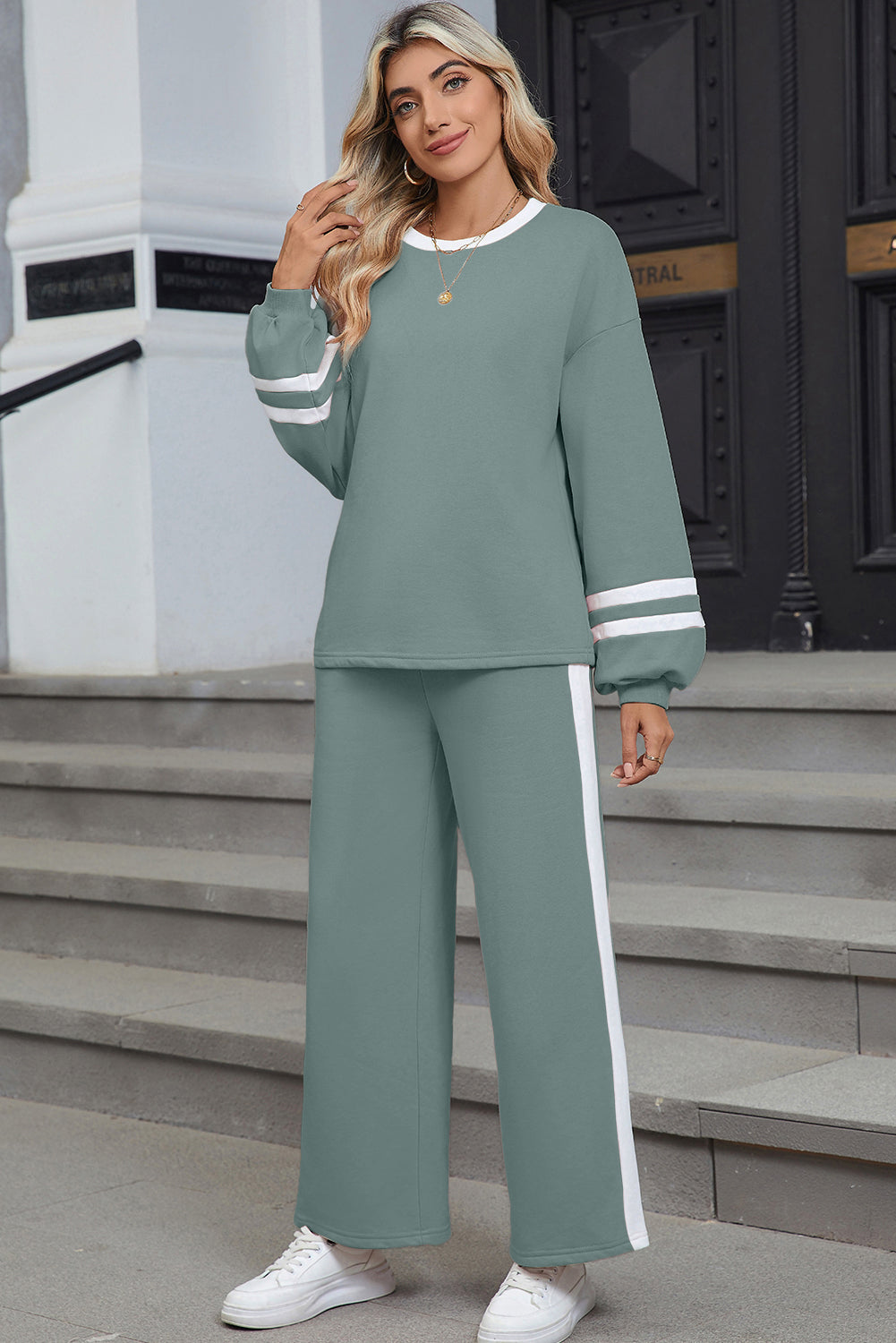 Blue Varsity Stripe Patchwork Puff Sleeve Pullover Drawstring Wide Leg Pant Set-Two Piece Sets/Pant Sets-[Adult]-[Female]-2022 Online Blue Zone Planet