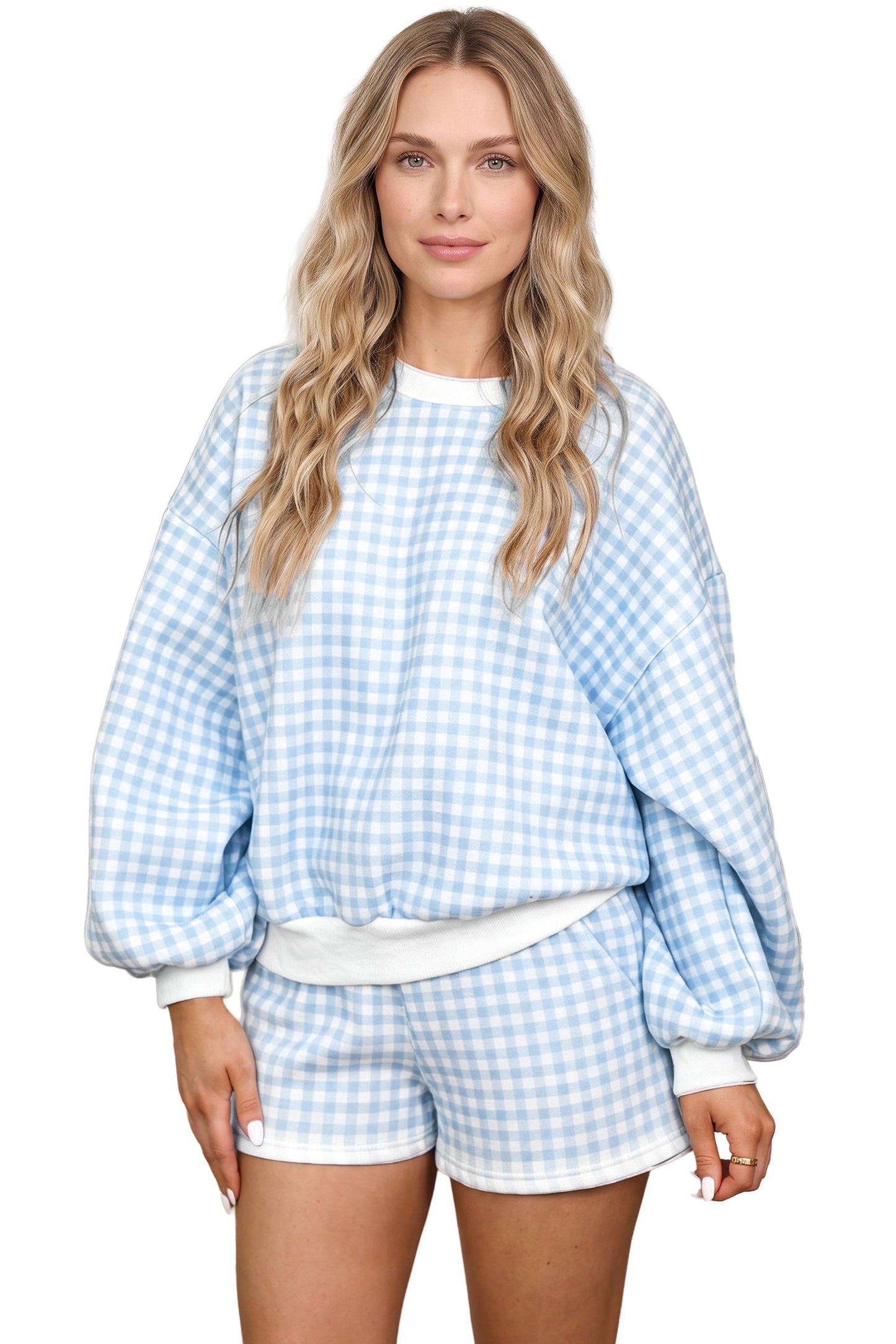 Pink Plaid Baggy Pullover Drawstring Casual Shorts 2pcs Outfit-Two Piece Sets/Short Sets-[Adult]-[Female]-2022 Online Blue Zone Planet