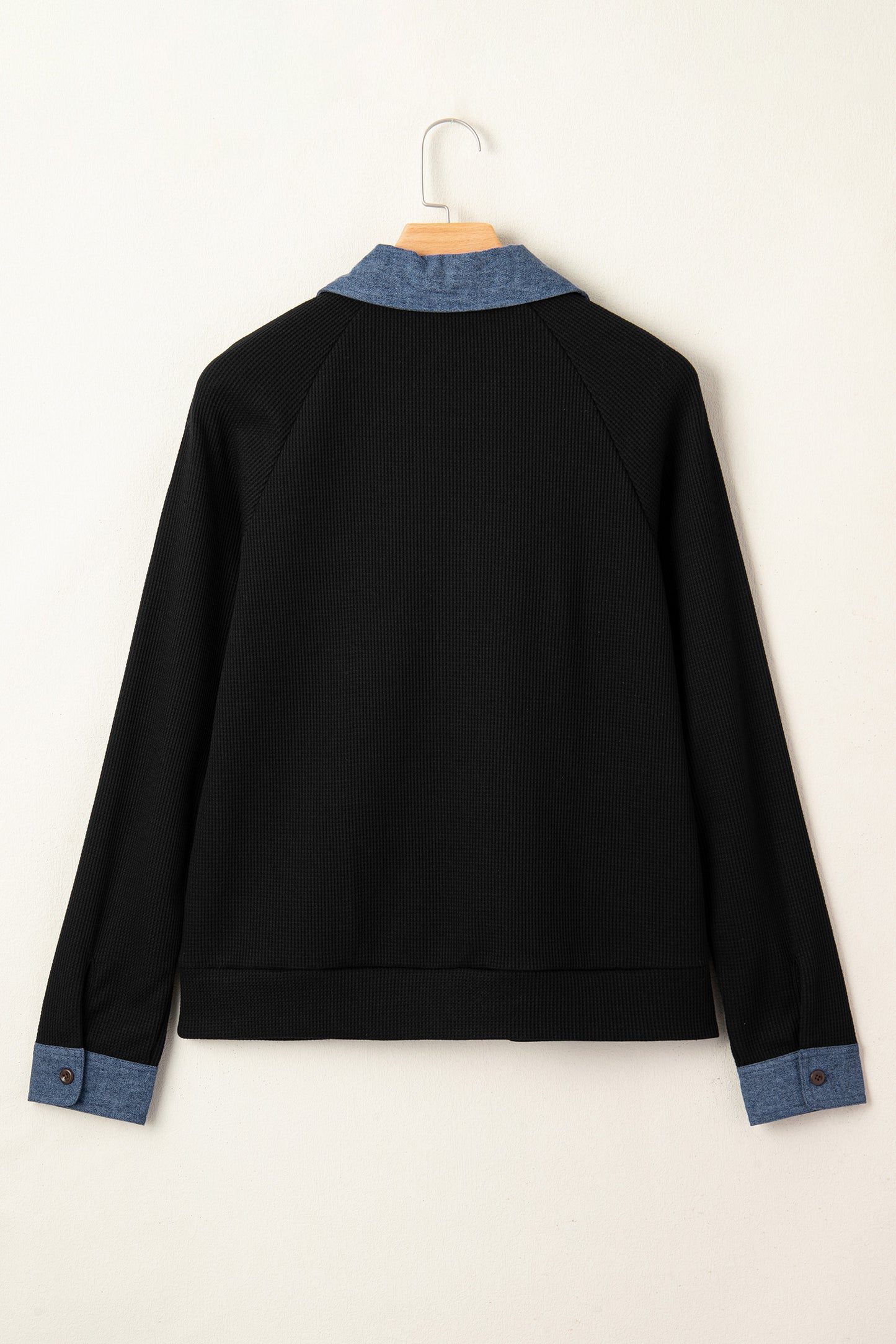 Black Textured Knit Denim Patchwork Button Polo Collar Long Sleeve Top-Tops/Long Sleeve Tops-[Adult]-[Female]-2022 Online Blue Zone Planet