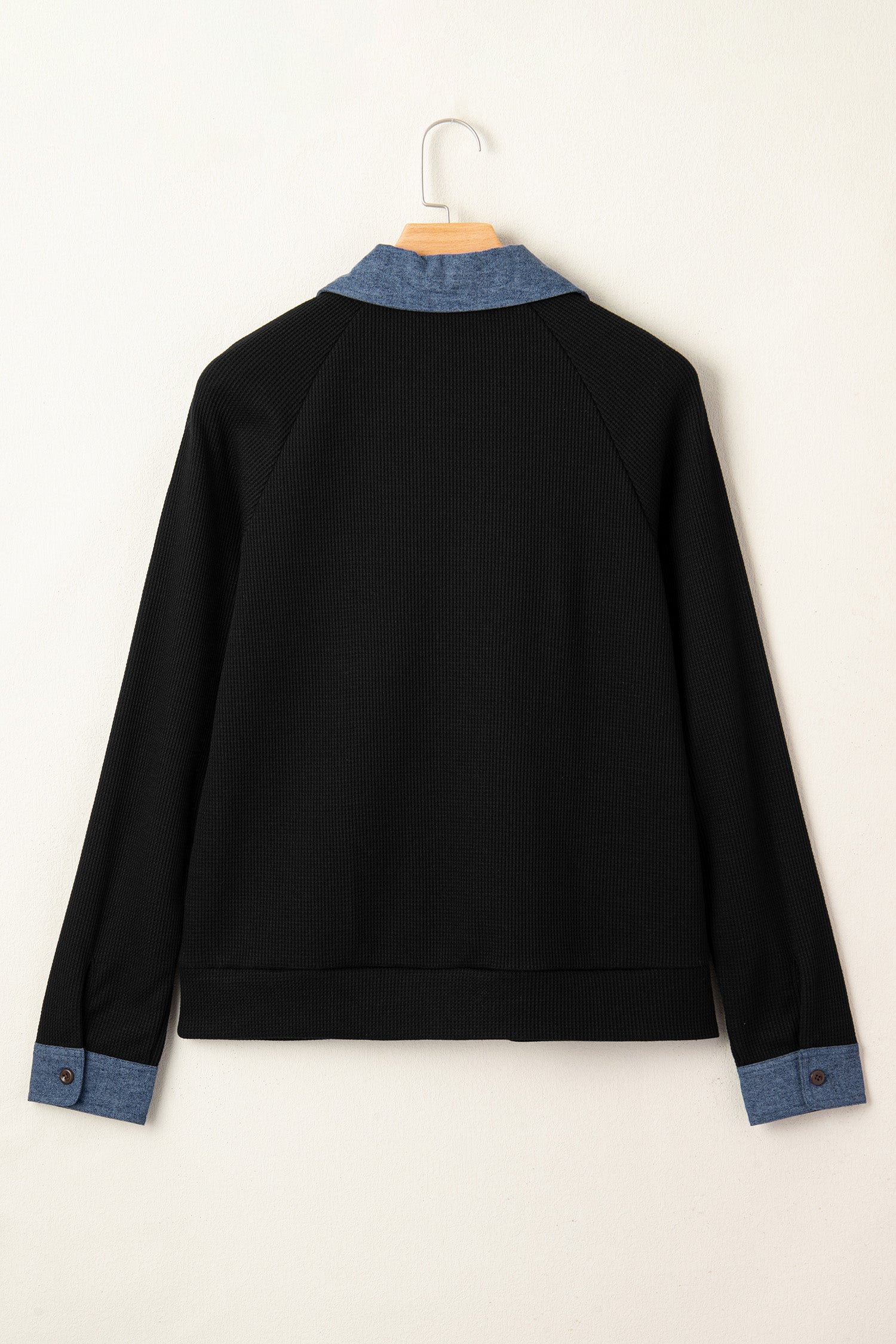 Black Textured Knit Denim Patchwork Button Polo Collar Long Sleeve Top-Tops/Long Sleeve Tops-[Adult]-[Female]-2022 Online Blue Zone Planet