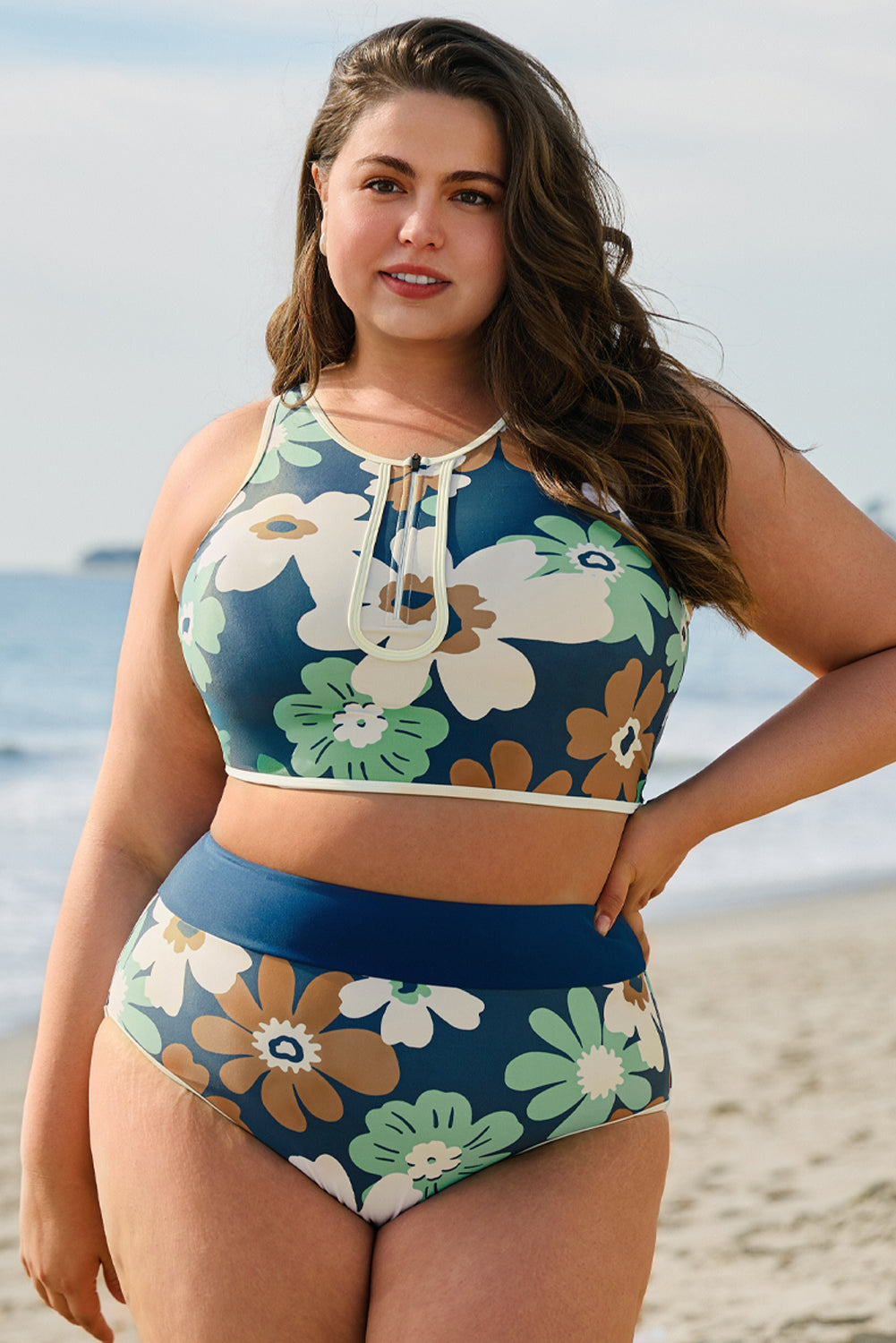 Green Floral Print Zipped Plus Size Two Pieces Bikini-Bikini Sets-[Adult]-[Female]-2022 Online Blue Zone Planet