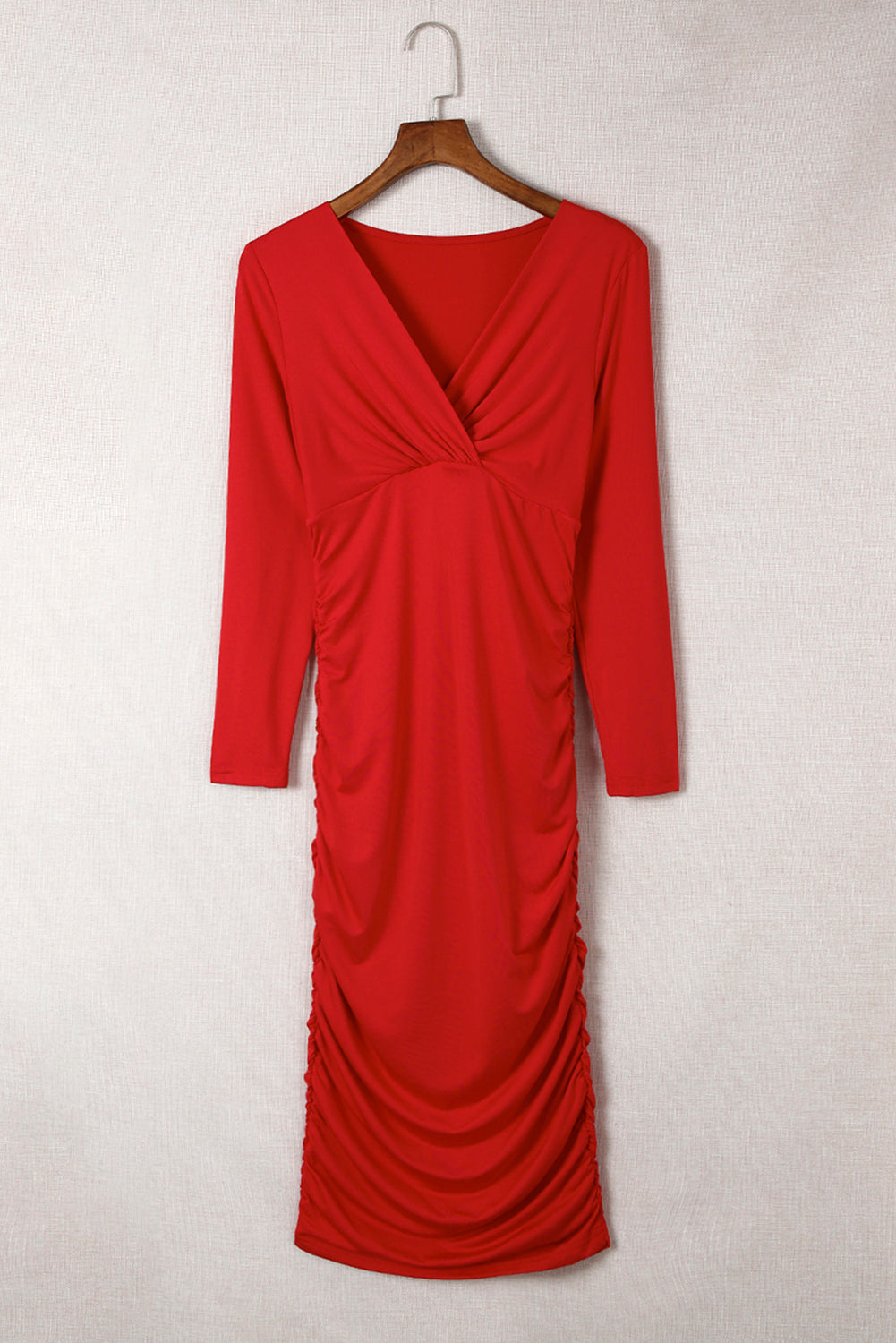 Blue Zone Planet |  Fiery Red Long Sleeves Wrap V Neck Ruched Sheath Bodycon Dress Blue Zone Planet