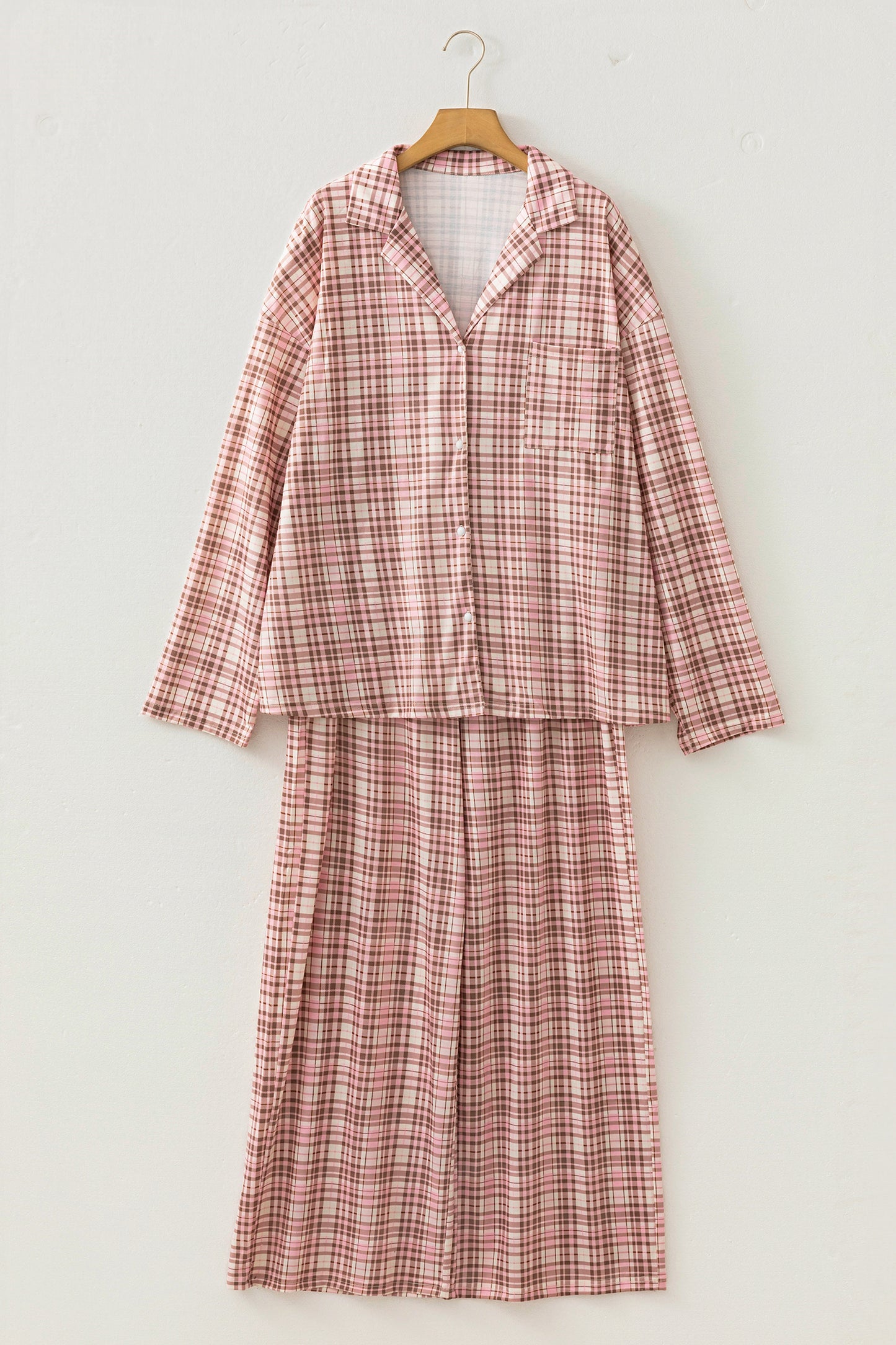 Pink Plaid Patch Pockets Long Sleeve Lounge Set-Loungewear & Sleepwear/Loungewear-[Adult]-[Female]-2022 Online Blue Zone Planet