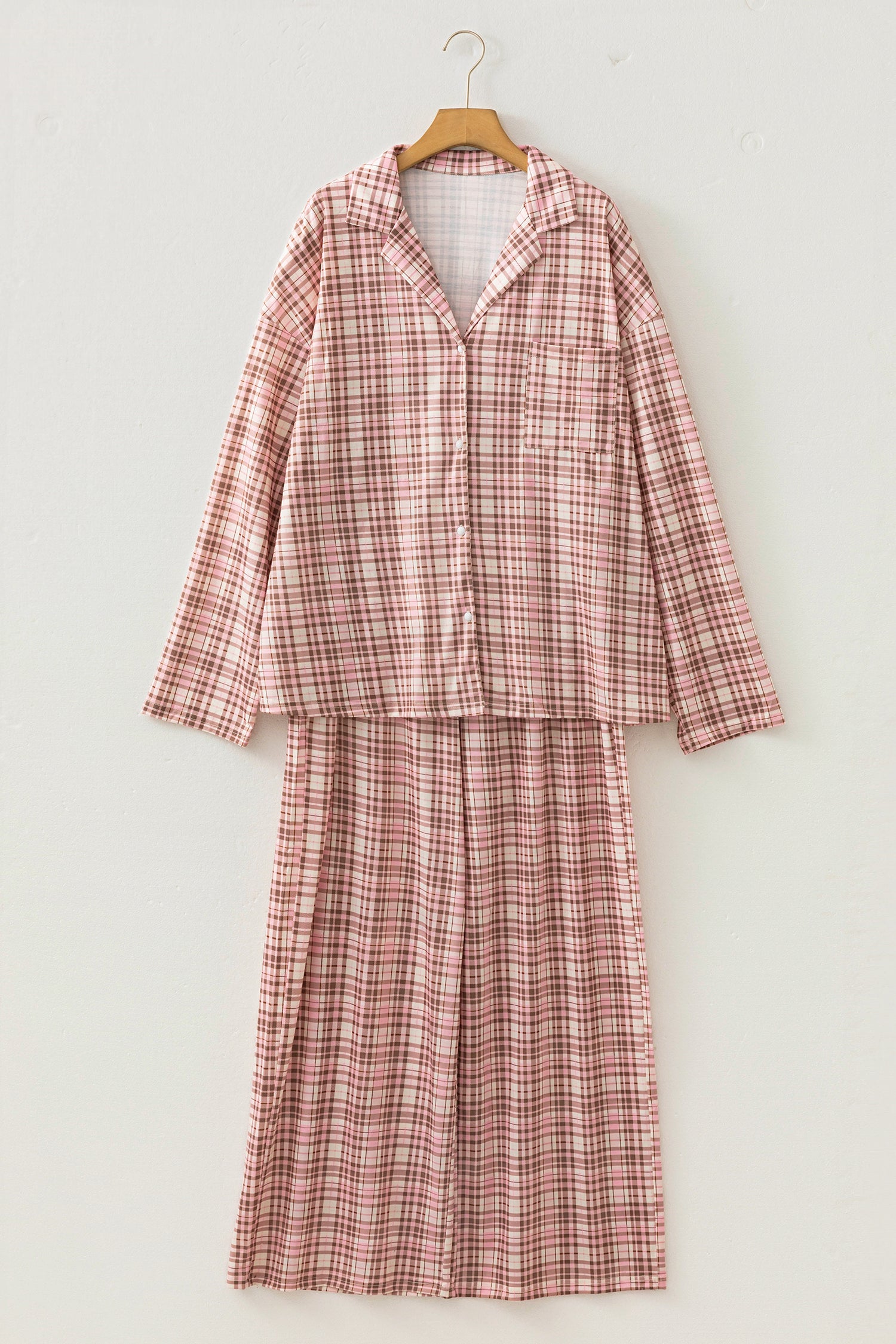 Pink Plaid Patch Pockets Long Sleeve Lounge Set-Loungewear & Sleepwear/Loungewear-[Adult]-[Female]-2022 Online Blue Zone Planet
