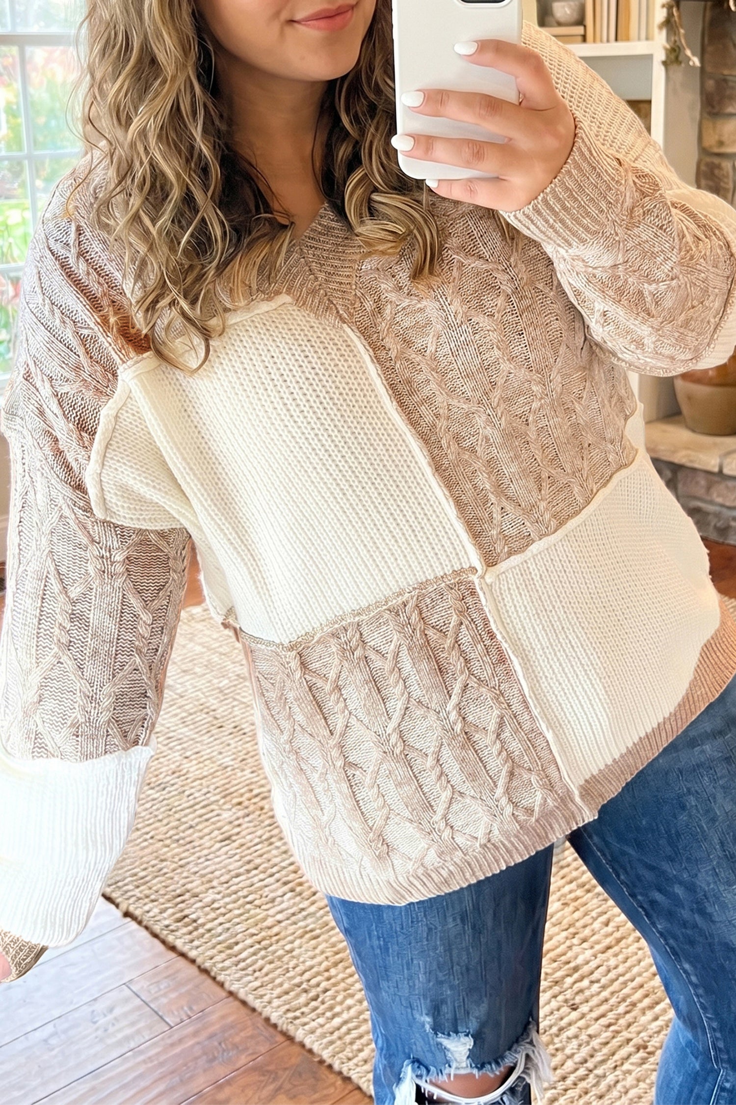 Parchment Colorblock V Neck Long Sleeve Tunic Loose Fit Plus Size Sweater-Plus Size/Plus Size Sweaters & Cardigans-[Adult]-[Female]-Parchment-1X-2022 Online Blue Zone Planet