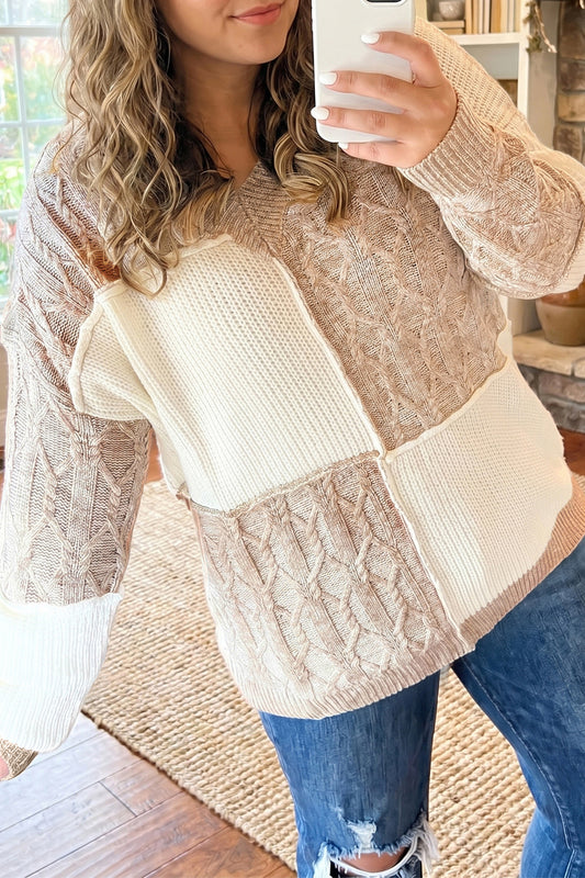 Parchment Colorblock V Neck Long Sleeve Tunic Loose Fit Plus Size Sweater-Plus Size/Plus Size Sweaters & Cardigans-[Adult]-[Female]-Parchment-1X-2022 Online Blue Zone Planet