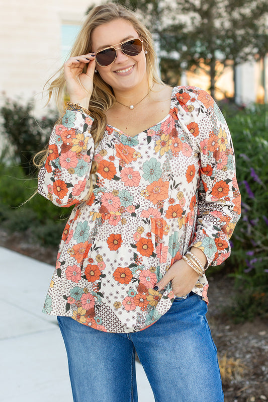 Khaki Plus Size Flower Print Square Neck Peplum Blouse-Plus Size/Plus Size Tops/Plus Size Blouses & Shirts-[Adult]-[Female]-Khaki-1X-2022 Online Blue Zone Planet
