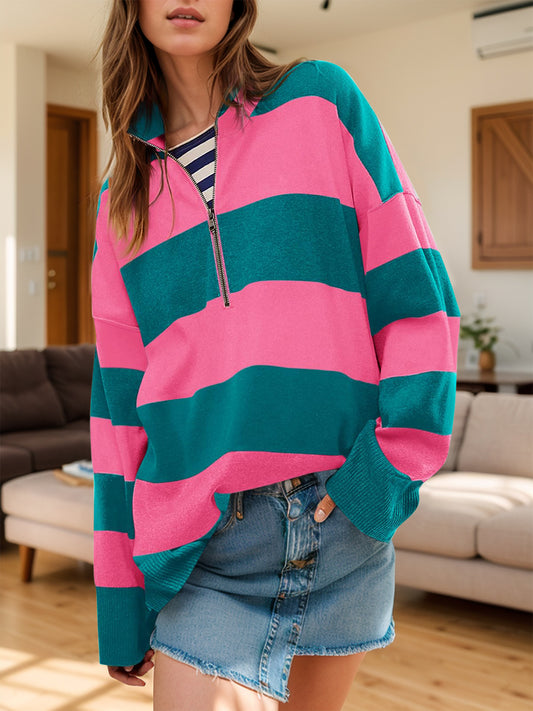 Color Block Half Zip Long Sleeve Sweater-TOPS / DRESSES-[Adult]-[Female]-Hot Pink-S-2022 Online Blue Zone Planet