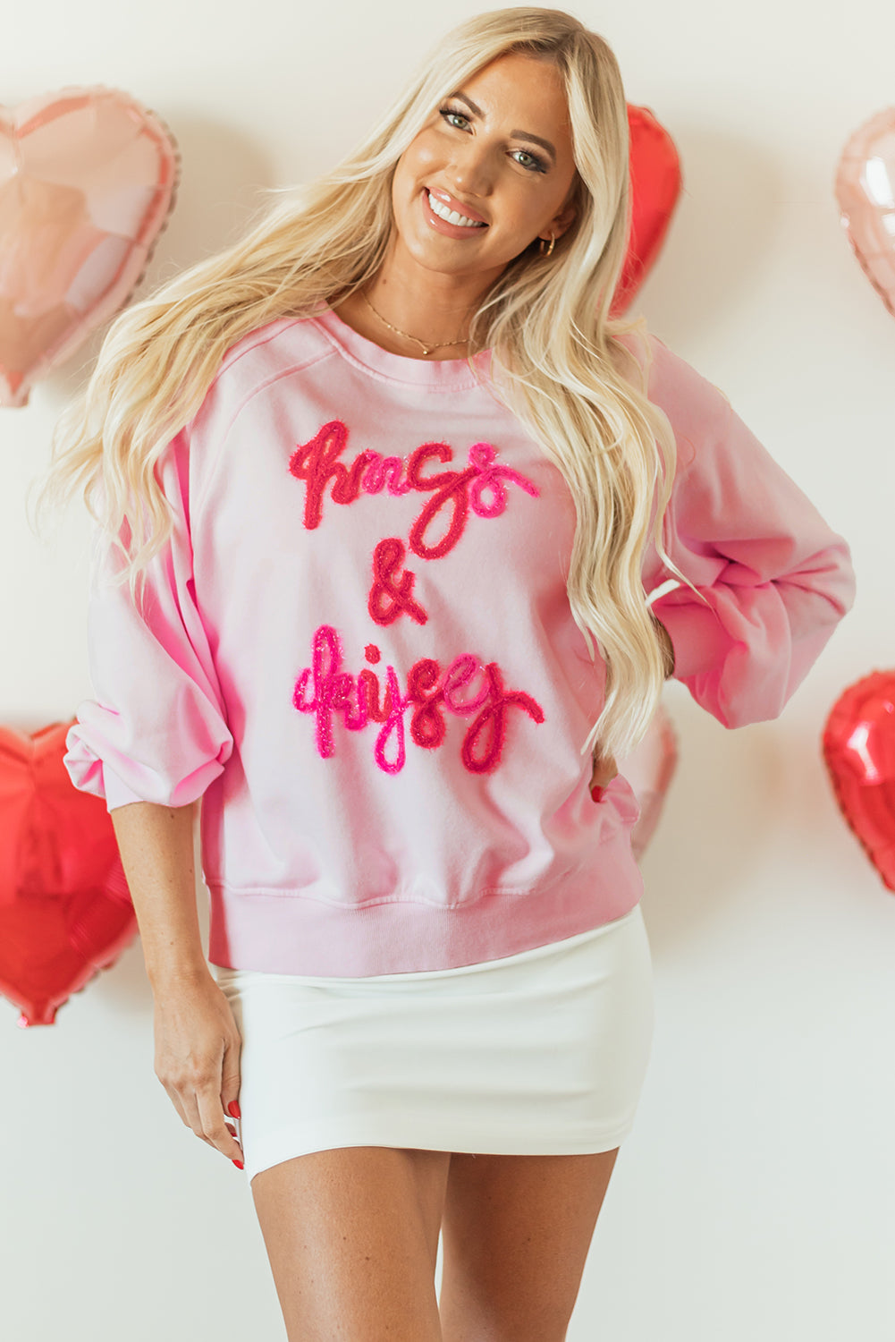 Blue Zone Planet | Pink Hugs and Kisses Pop Up Embroidered Raglan Sleeve Sweatshirt-TOPS / DRESSES-[Adult]-[Female]-2022 Online Blue Zone Planet