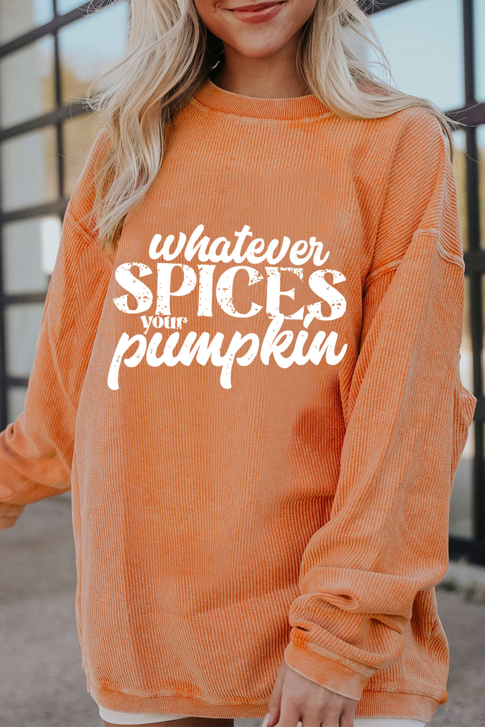 Orange Whatever Spices Your Pumpkin Graphic Corded Pullover Sweatshirt-Graphic/Graphic Sweatshirts-[Adult]-[Female]-2022 Online Blue Zone Planet