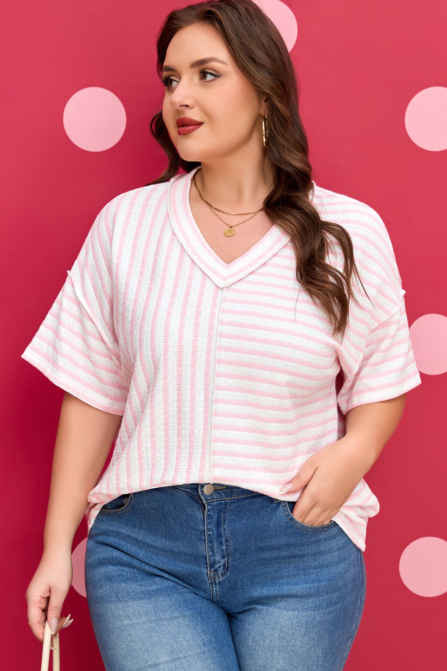 Pink Stripe Plus Size V Neck Exposed Seam Patchwork T Shirt-Plus Size/Plus Size Tops/Plus Size Tops & Tees-[Adult]-[Female]-2022 Online Blue Zone Planet