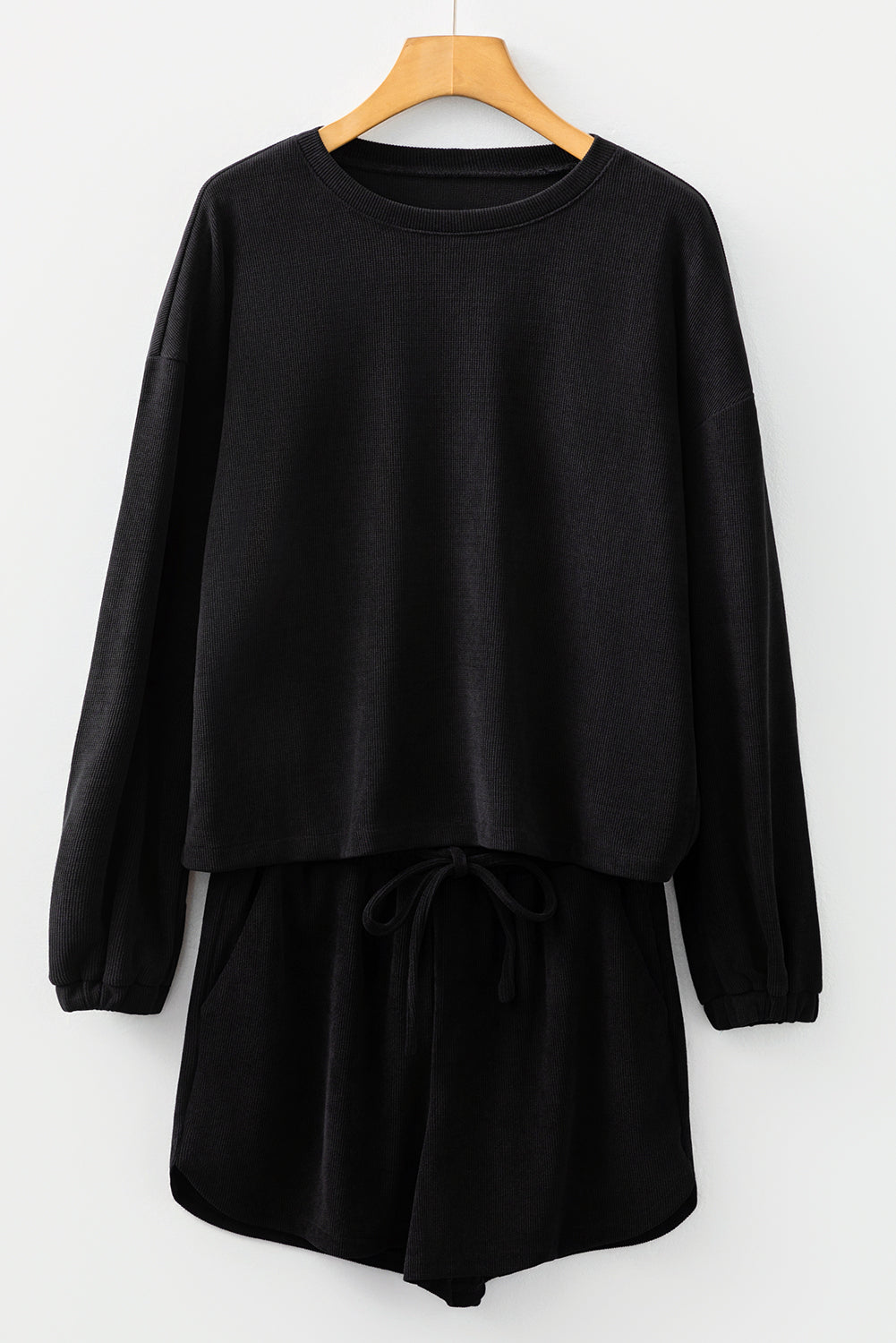 Black Solid Color Textured Knit Drop Shoulder Pullover Drawstring Shorts Set-Two Piece Sets/Short Sets-[Adult]-[Female]-2022 Online Blue Zone Planet