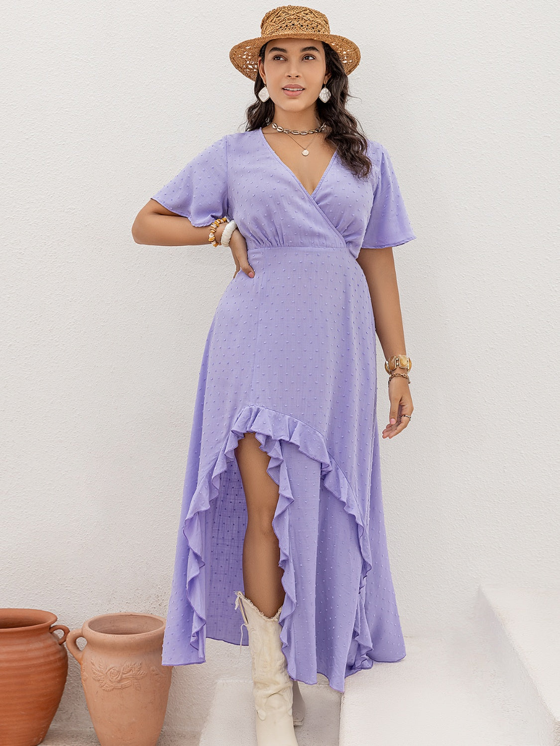 Plus Size Swiss Dot High-Low Surplice Dress-TOPS / DRESSES-[Adult]-[Female]-Lavender-0XL-2022 Online Blue Zone Planet