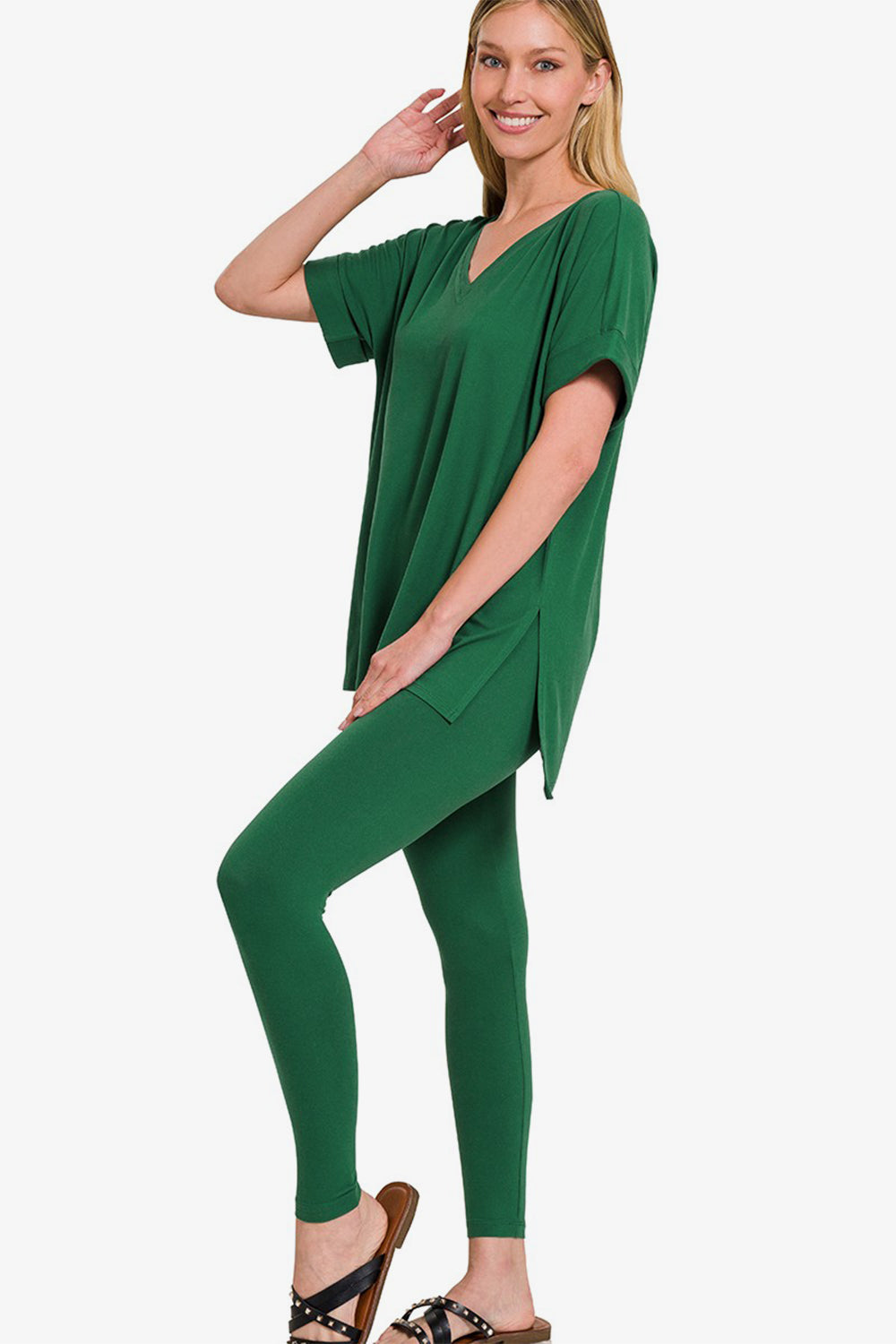 Zenana V-Neck Rolled Short Sleeve T-Shirt and Leggings Lounge Set-TOPS / DRESSES-[Adult]-[Female]-DK Green-S-2022 Online Blue Zone Planet