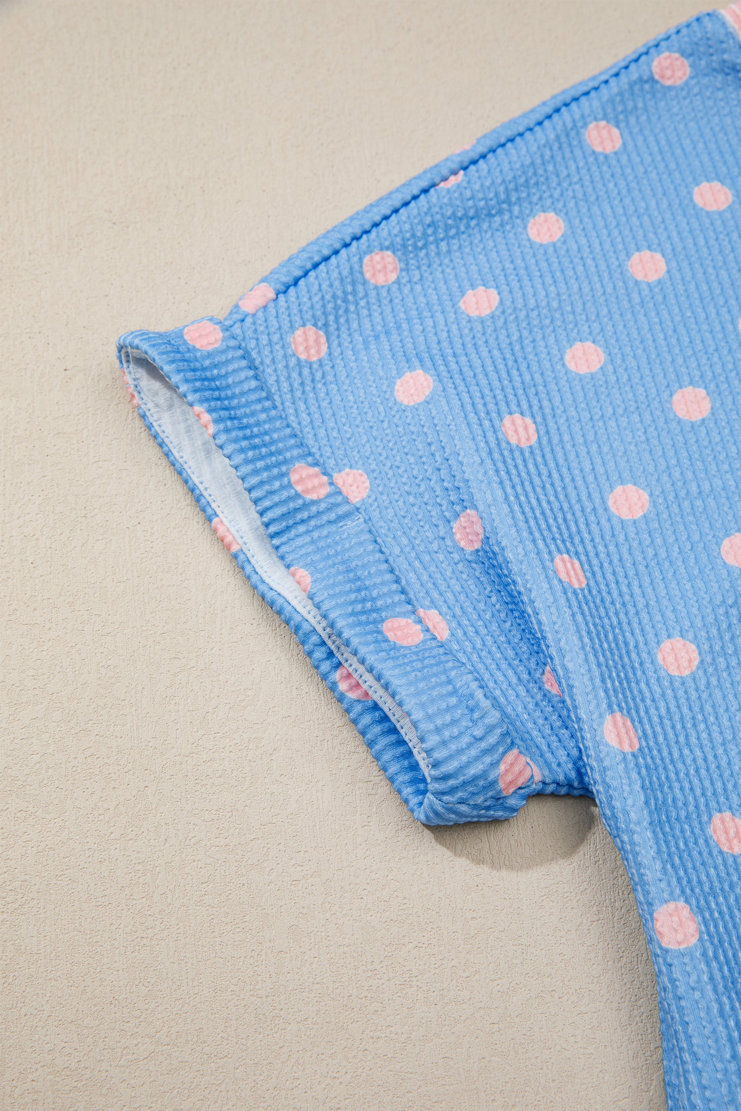Sky Blue Raised Rib Polka Dot Print Cuffed Short Sleeve Top-Tops/Tops & Tees-[Adult]-[Female]-2022 Online Blue Zone Planet