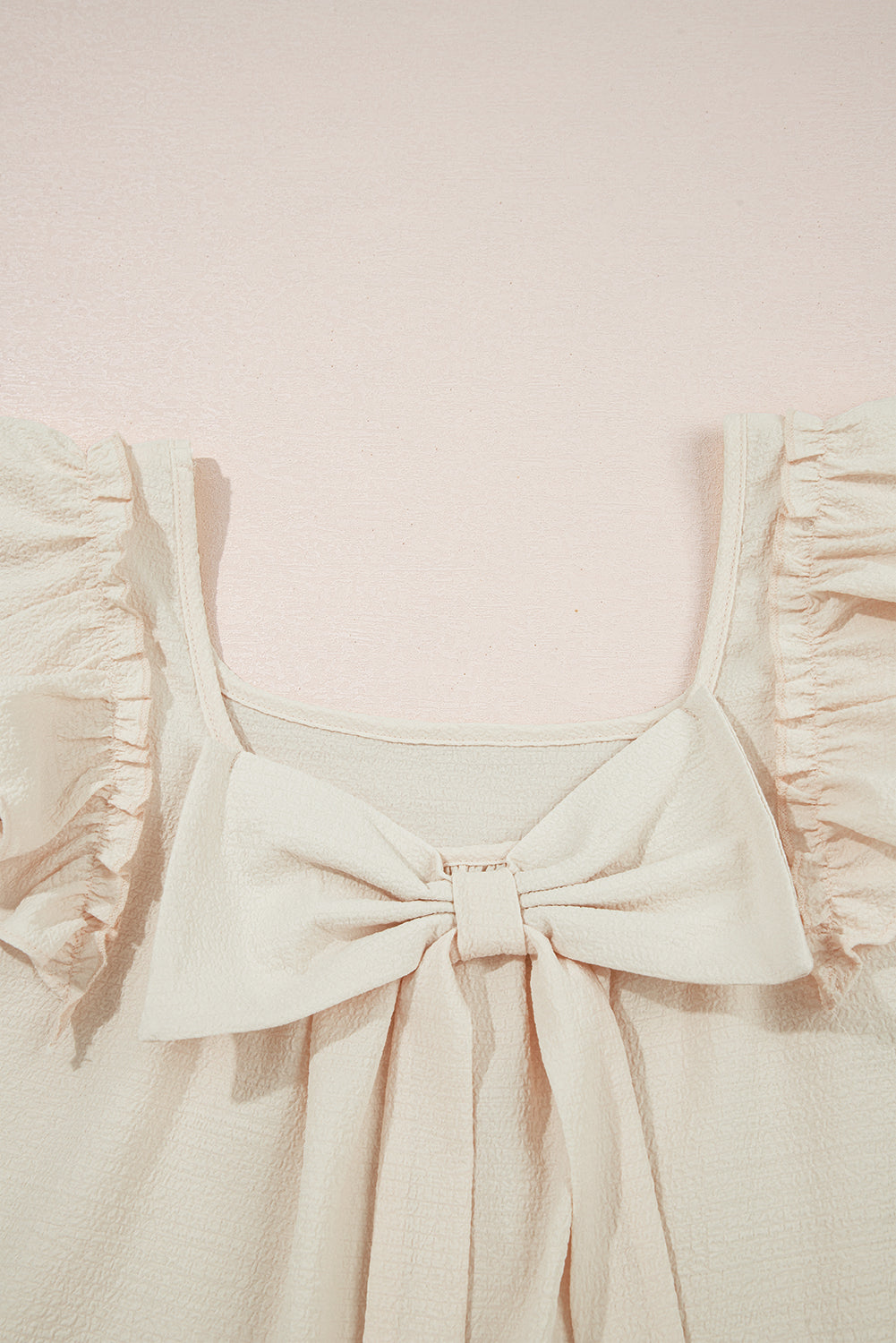 Beige Textured Bow Knot Frilled Butterfly Sleeve Blouse-Tops/Blouses & Shirts-[Adult]-[Female]-2022 Online Blue Zone Planet