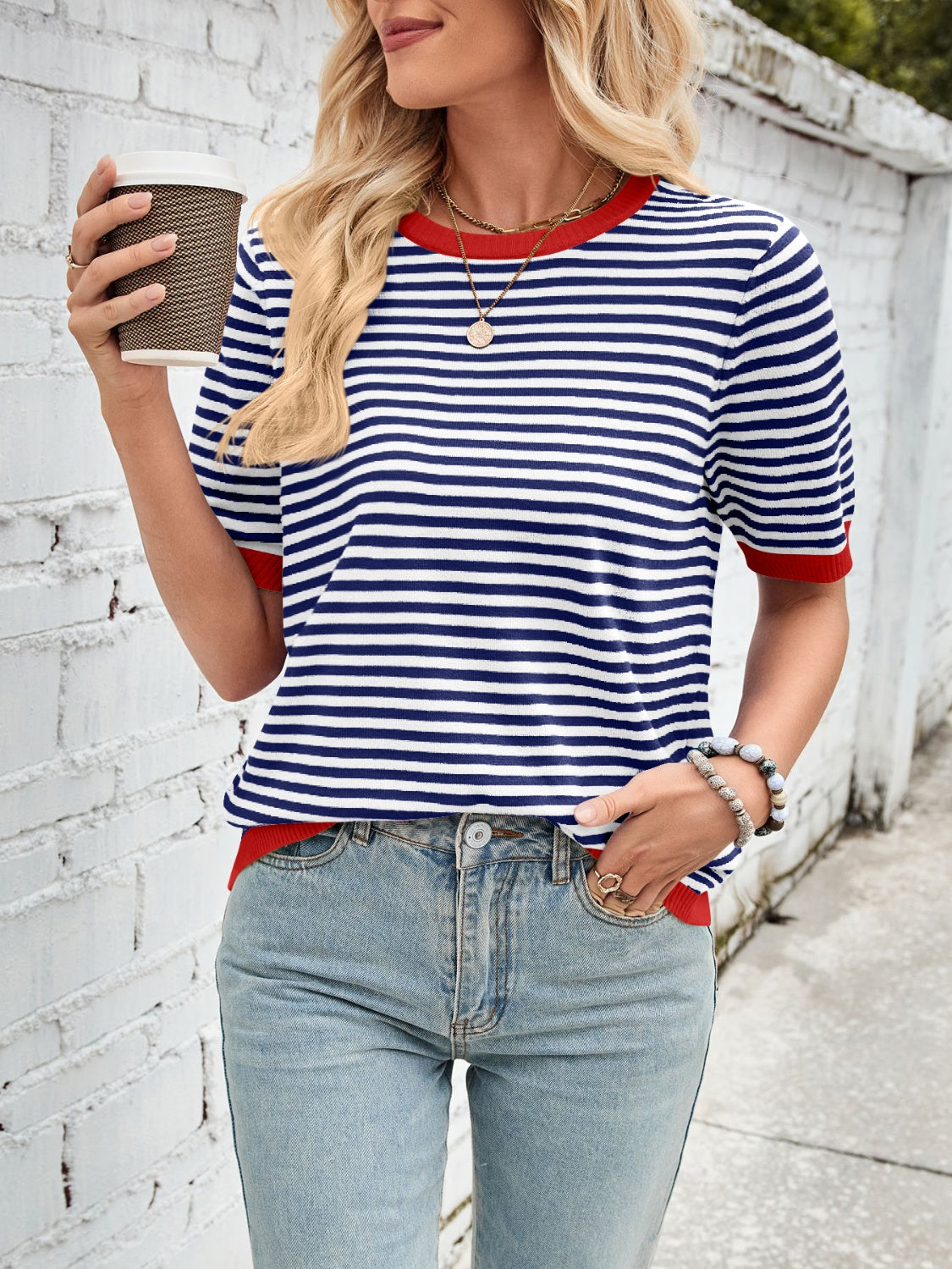 Lovelet Striped Contrast Round Neck Half Sleeve Knit Top-TOPS / DRESSES-[Adult]-[Female]-2022 Online Blue Zone Planet