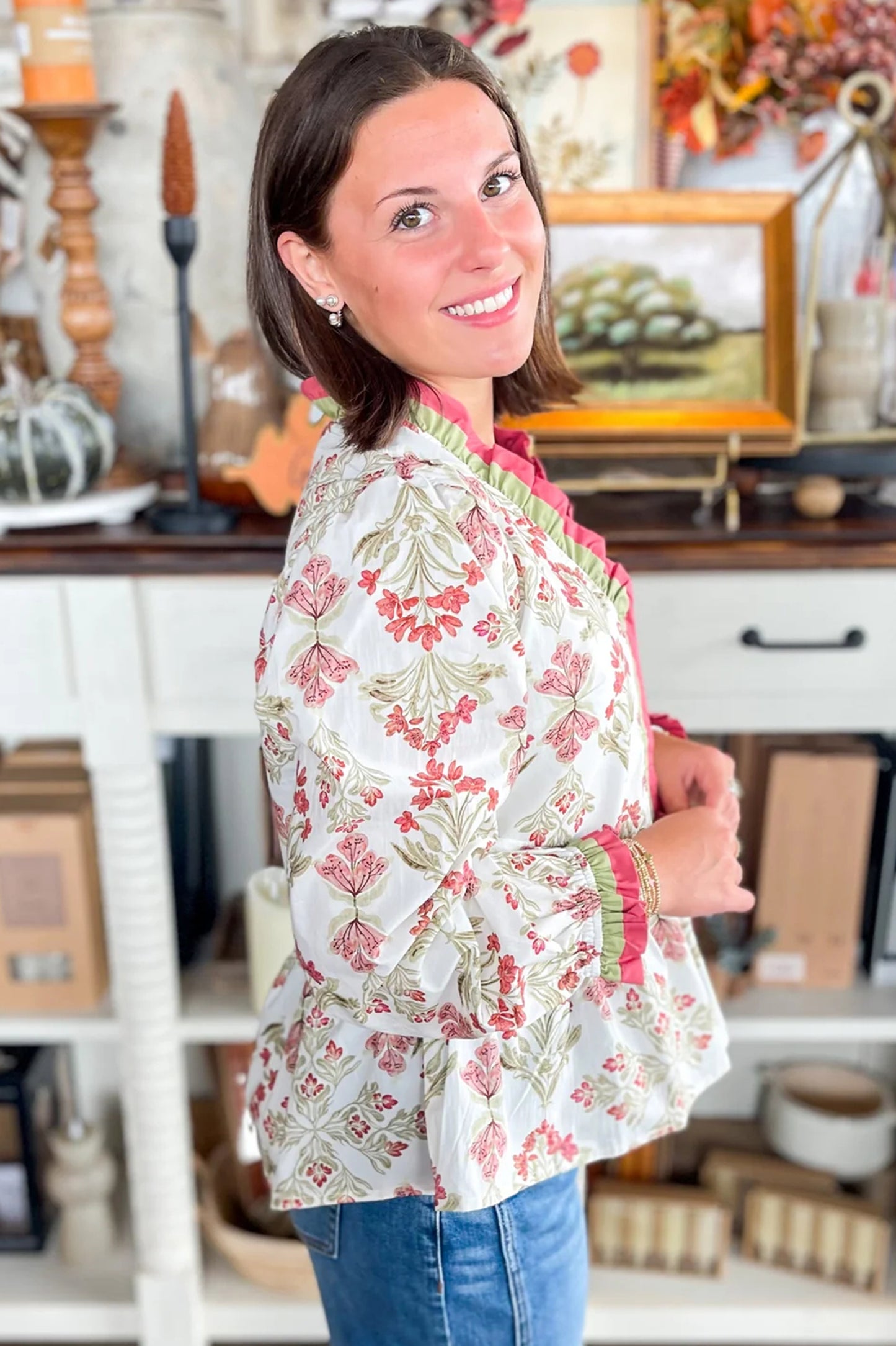 Floral Print Frilled Color Block Trim V Neck Long Sleeve Peplum Top-Tops/Blouses & Shirts-[Adult]-[Female]-2022 Online Blue Zone Planet