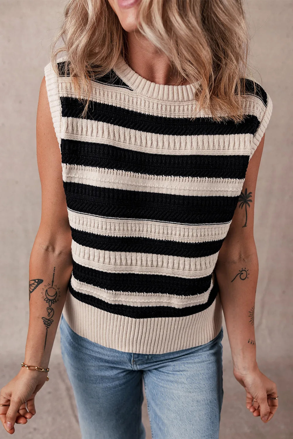 Color Block Round Neck Sweater Vest-TOPS / DRESSES-[Adult]-[Female]-2022 Online Blue Zone Planet