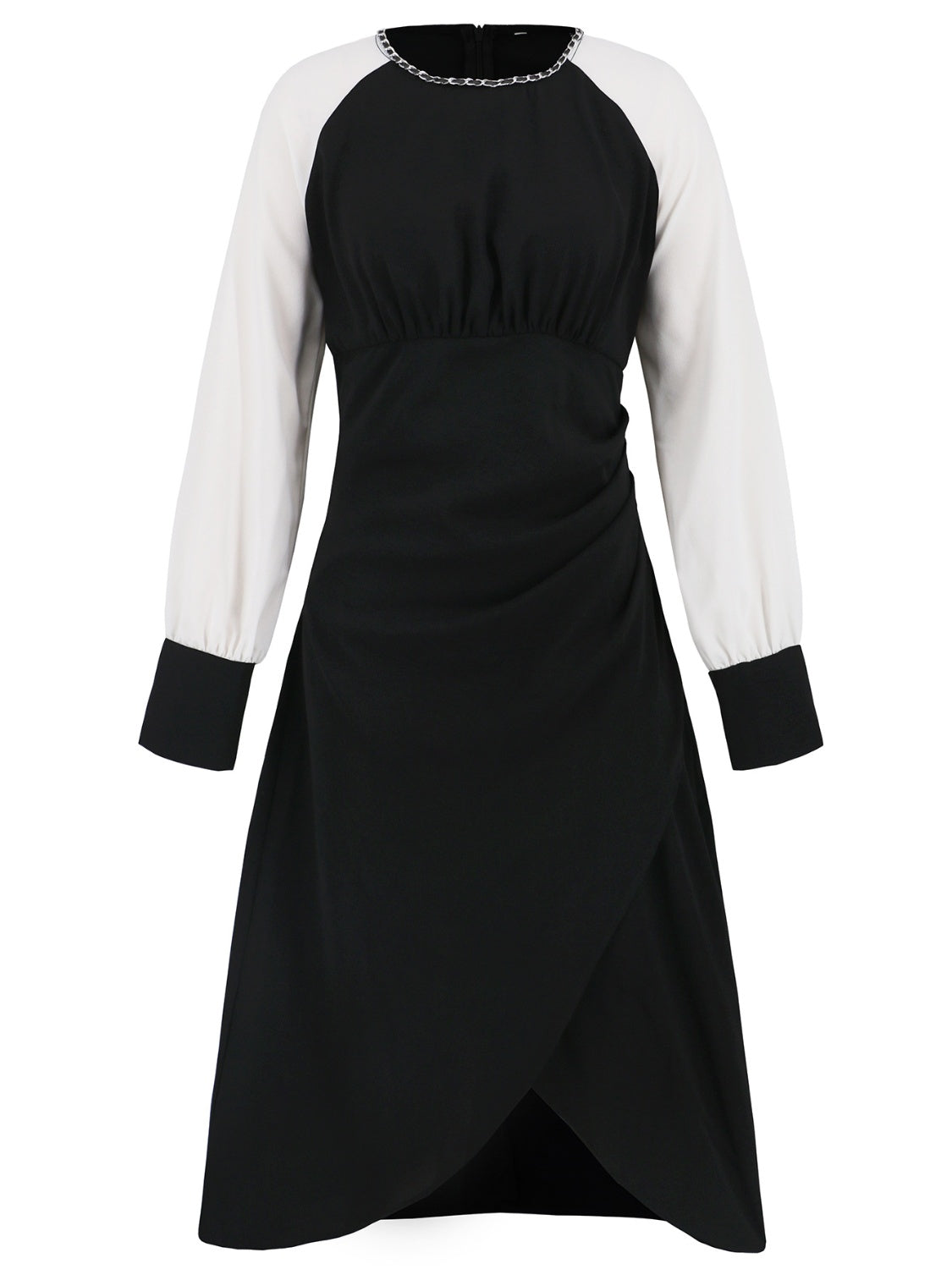 Ruched Contrast Long Sleeve Midi Dress-TOPS / DRESSES-[Adult]-[Female]-2022 Online Blue Zone Planet