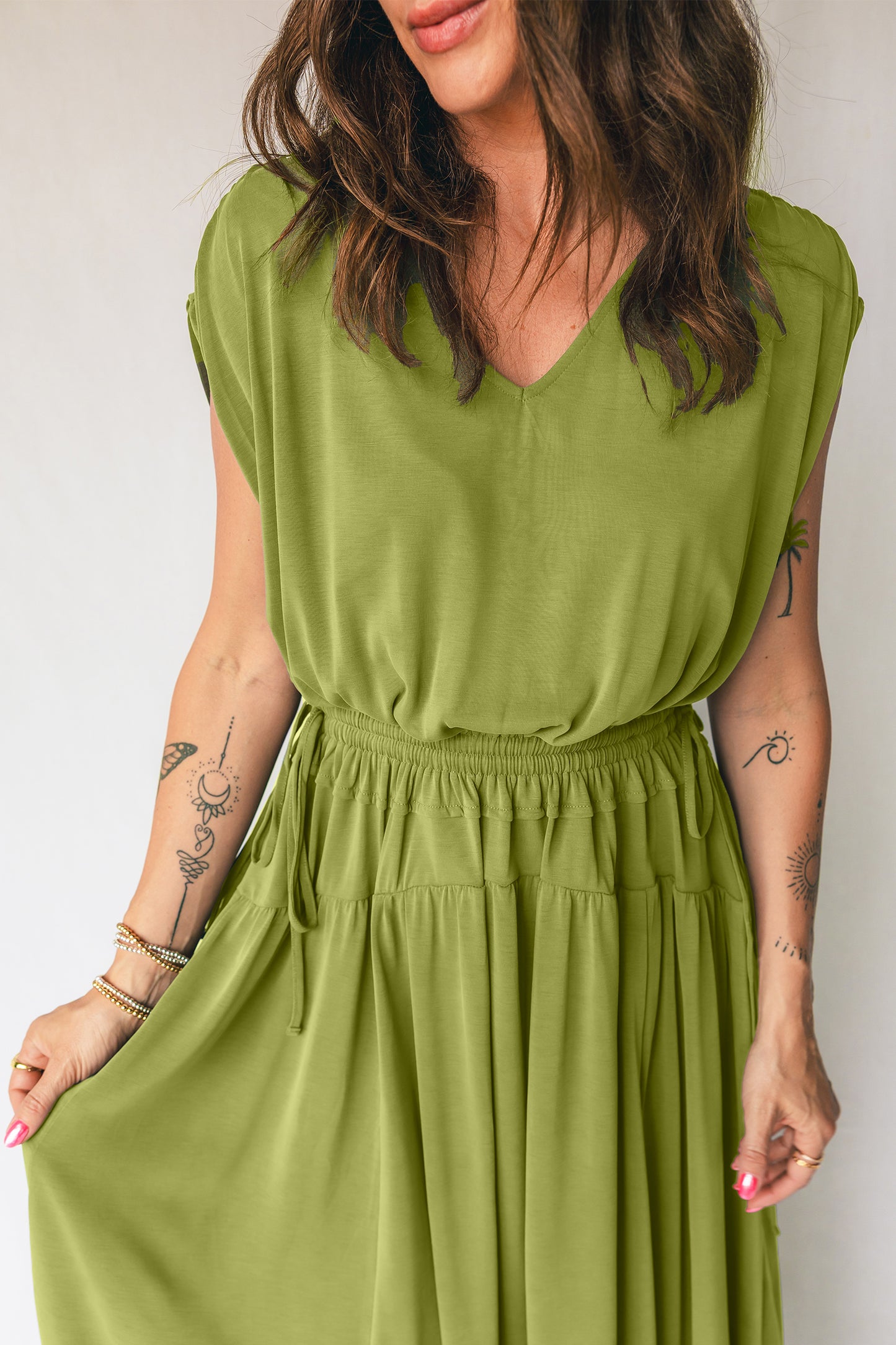 Fern Green Solid V Neck Cap Sleeve Tunic Elastic Waist Versatile Maxi Dress-Dresses/Maxi Dresses-[Adult]-[Female]-2022 Online Blue Zone Planet