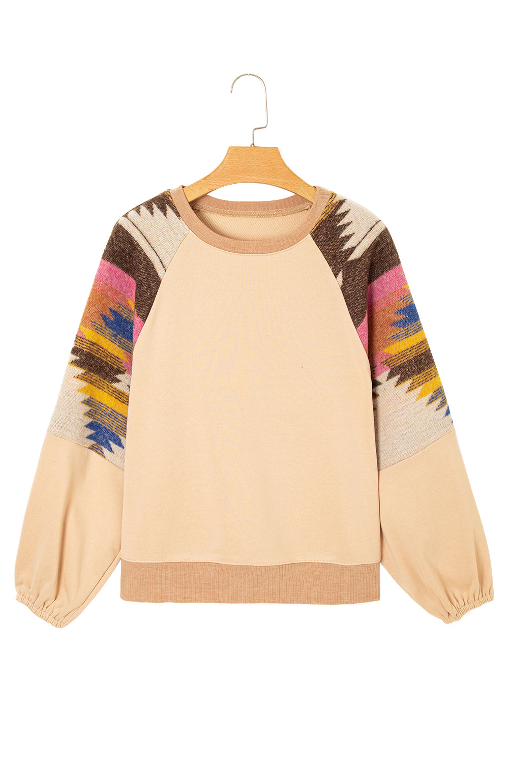 Light French Beige Aztec Patchwork Raglan Pullover Sweatshirt-Tops/Sweatshirts & Hoodies-[Adult]-[Female]-2022 Online Blue Zone Planet