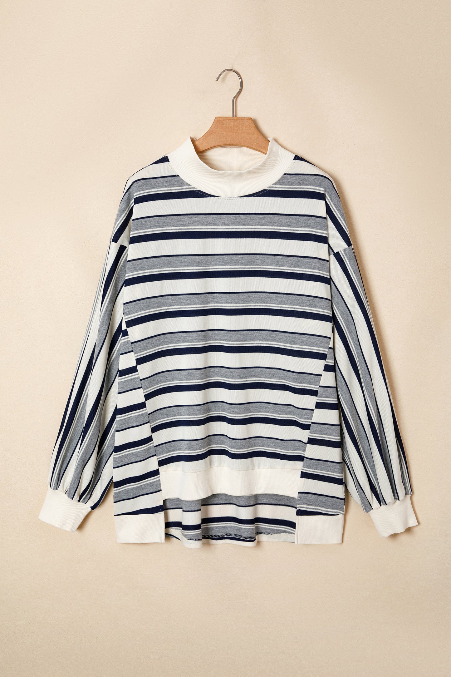 Blue Stripe Striped Ribbed Stand Neck Long Sleeve Shift Silhouette Sweatshirt-Tops/Sweatshirts & Hoodies-[Adult]-[Female]-2022 Online Blue Zone Planet