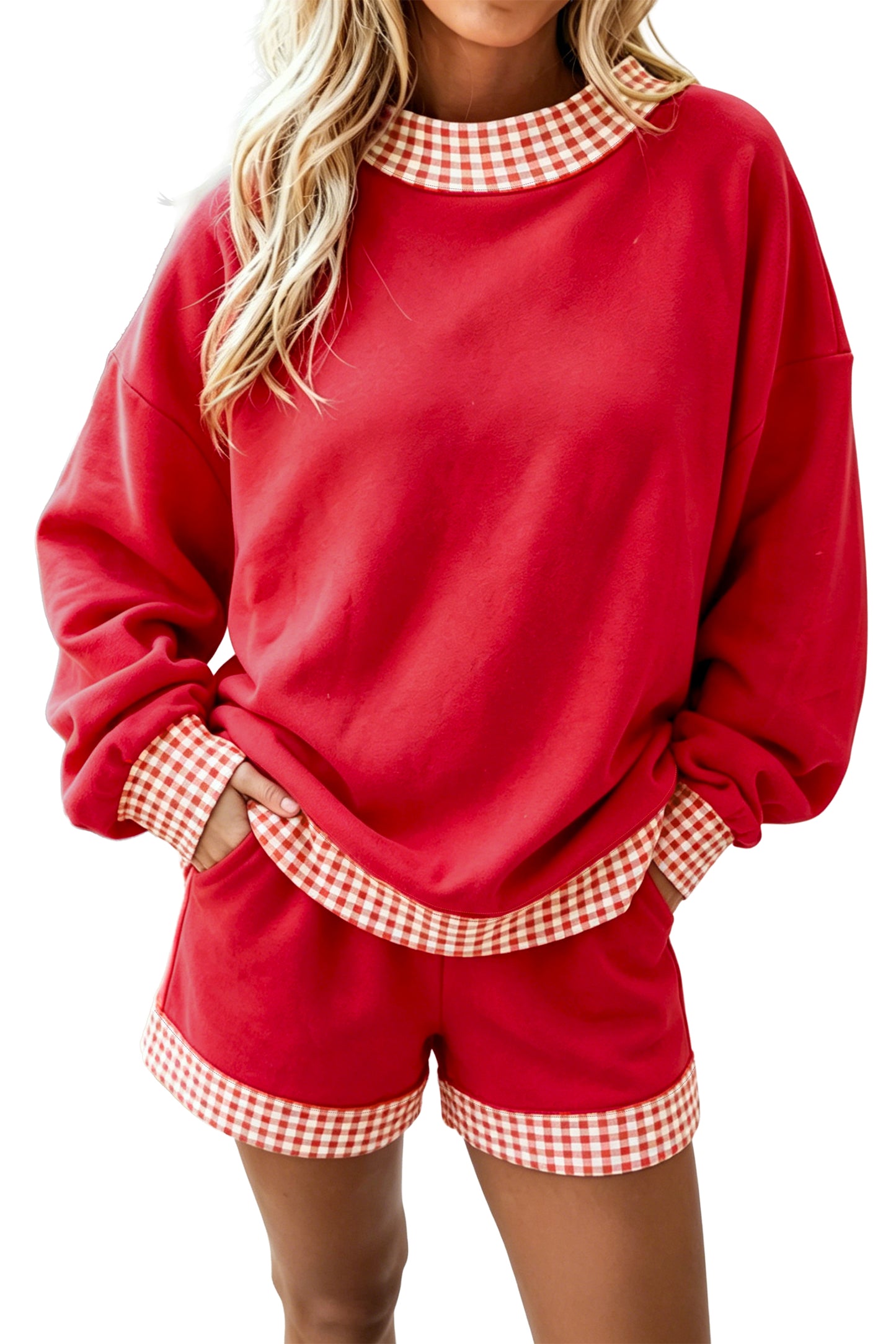 Fiery Red Gingham Trim Baggy Pullover 2pcs Short Set-Two Piece Sets/Short Sets-[Adult]-[Female]-2022 Online Blue Zone Planet