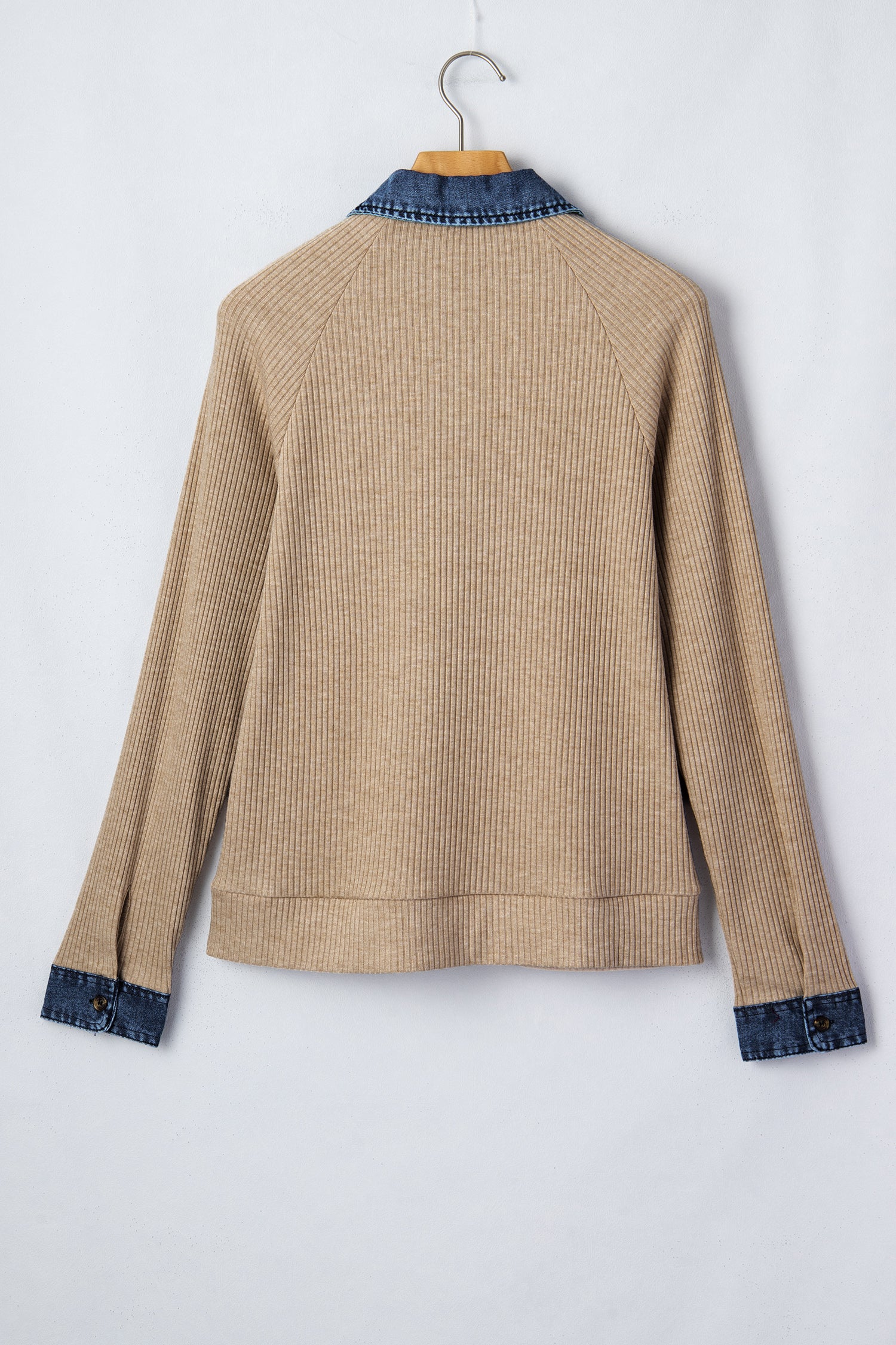 Beige Ribbed Knit Denim Patchwork Button Polo Collar Cuffed Long Sleeve Top-Tops/Long Sleeve Tops-[Adult]-[Female]-2022 Online Blue Zone Planet