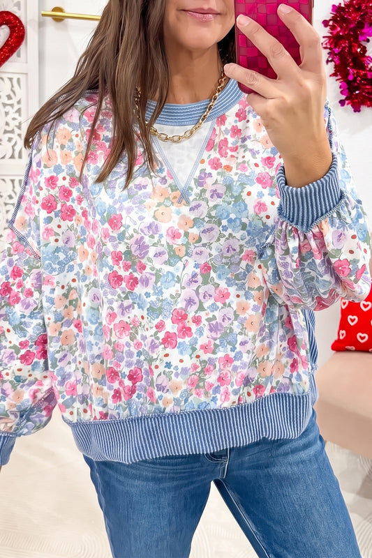 Multicolour Floral Print Round Neck Long Sleeve Top-Tops/Long Sleeve Tops-[Adult]-[Female]-2022 Online Blue Zone Planet