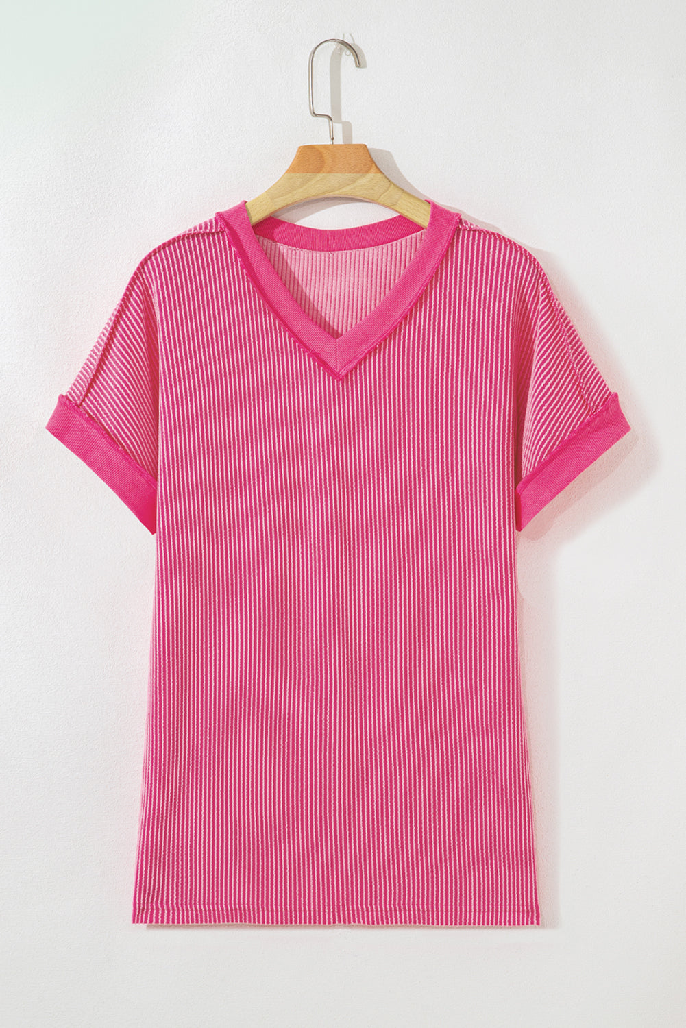 Rose Red Twisted Ribbed Knit V Neck Casual Tee-Tops/Tops & Tees-[Adult]-[Female]-2022 Online Blue Zone Planet