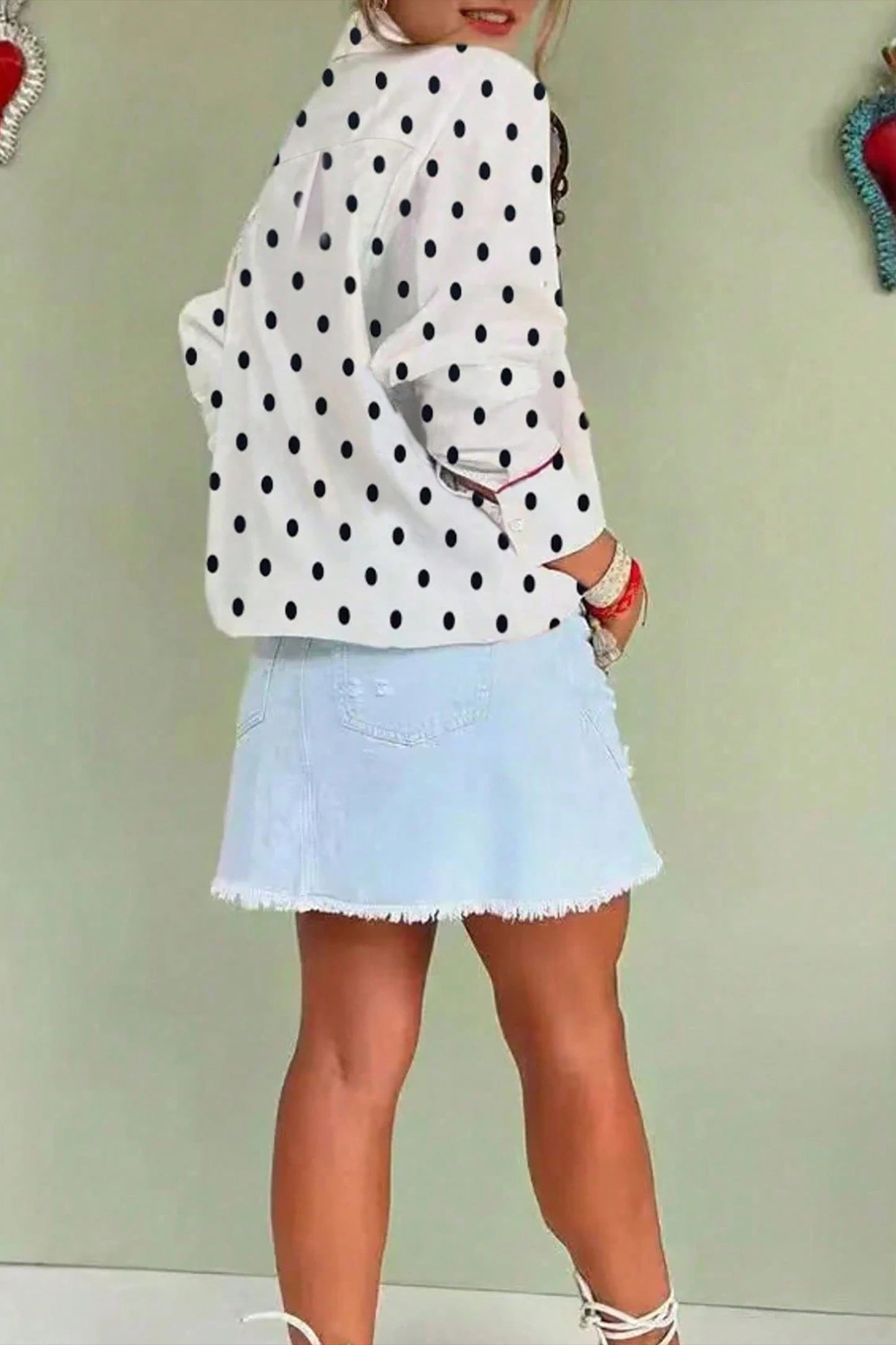 White Polka Dot Print Contrast Piping Elegant Shirt-Tops/Blouses & Shirts-[Adult]-[Female]-2022 Online Blue Zone Planet