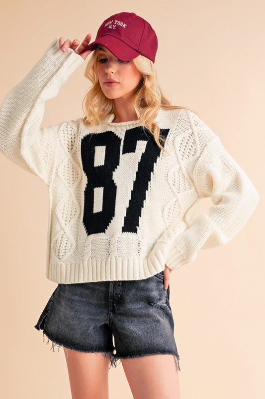 Aemi+Co Contrast Number Cable Knit Drop Shoulder Sweater-TOPS / DRESSES-[Adult]-[Female]-White-S-2022 Online Blue Zone Planet