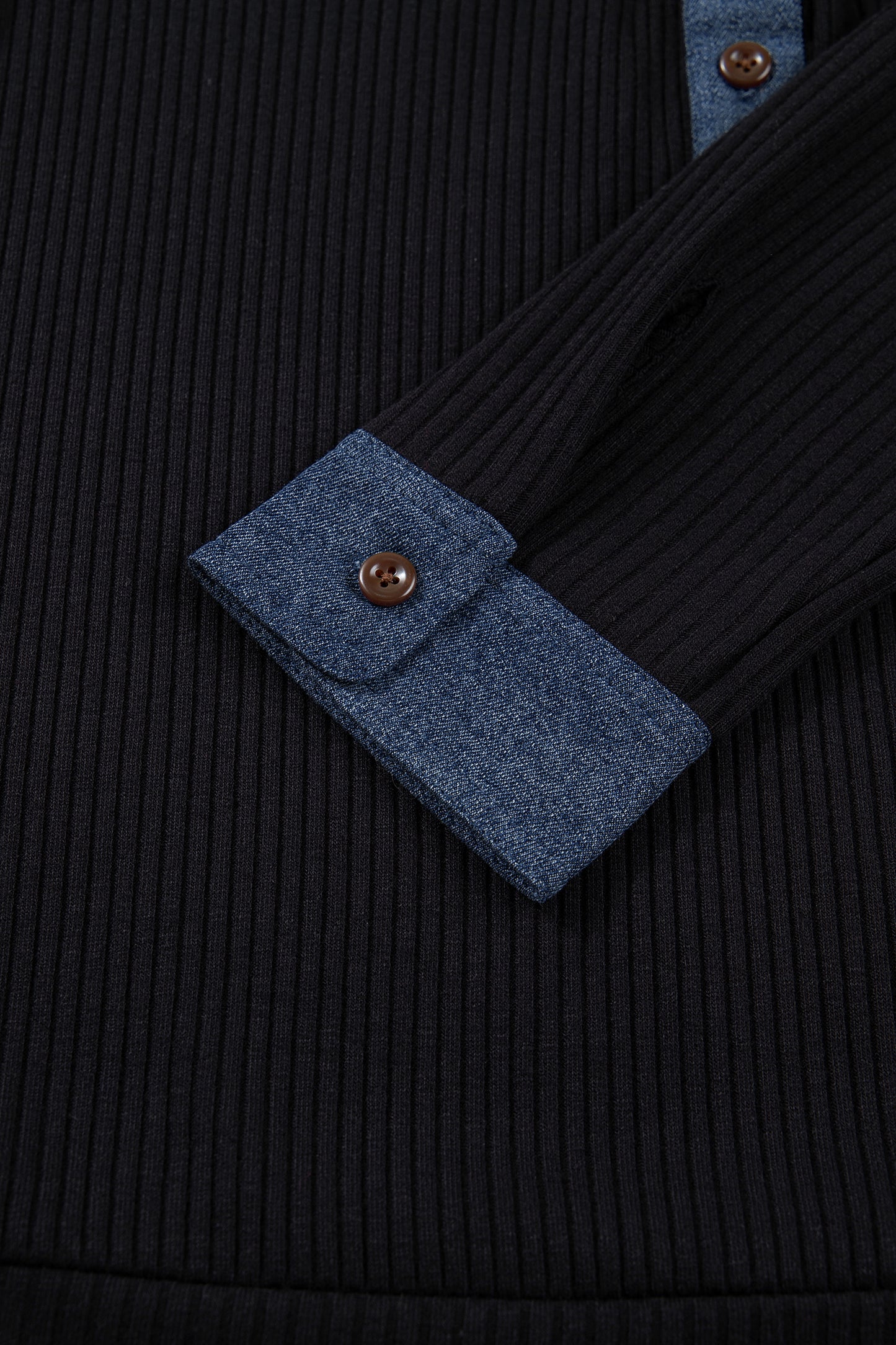 Black Ribbed Knit Contrast Denim Patchwork Hooded Long Sleeve Top