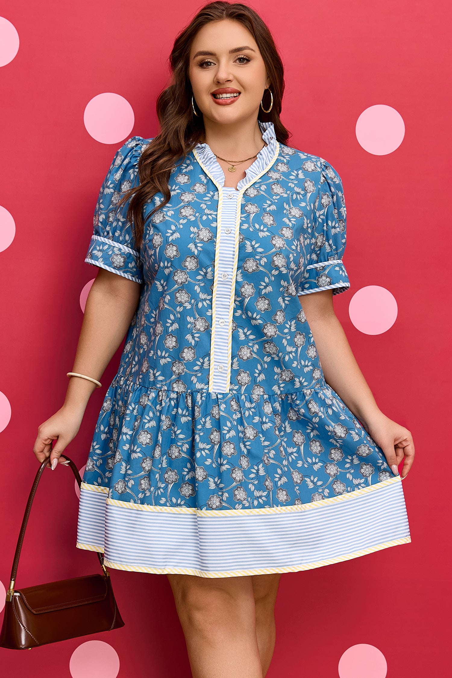 Blue Plus Size Floral Print Striped Patchwork Detail Button Front Ruffle Hem Dress-TOPS / DRESSES-[Adult]-[Female]-2022 Online Blue Zone Planet