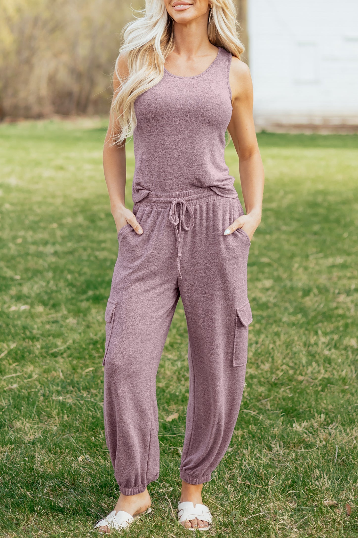 Orchid Bouquet Casual Tank Top Drawstring Jogger Pants 2pcs Outfit-Two Piece Sets/Pant Sets-[Adult]-[Female]-2022 Online Blue Zone Planet