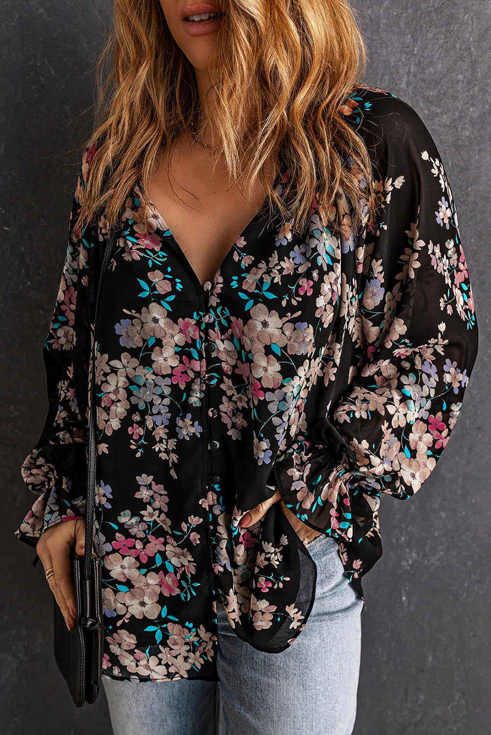 Black Wildflower Print Chiffon Blouse-Tops/Blouses & Shirts-[Adult]-[Female]-2022 Online Blue Zone Planet