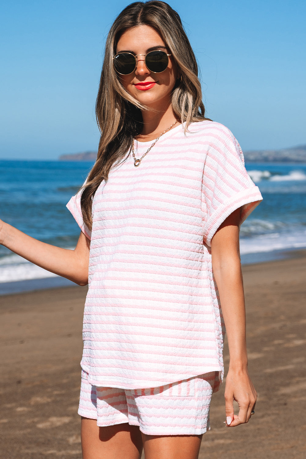 Pink Stripe Knitted Short Sleeve Top and Drawstring Shorts Set-Two Piece Sets/Short Sets-[Adult]-[Female]-2022 Online Blue Zone Planet