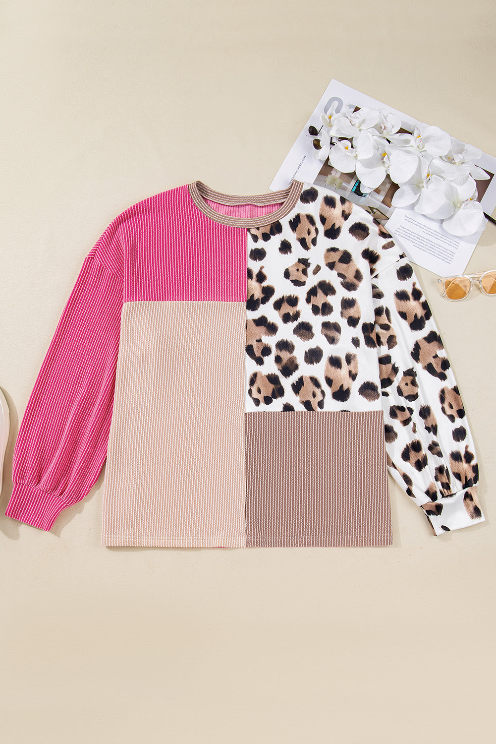 Rose Red Plus Size Twisted Ribbed Color Block Leopard Patchwork Long Sleeve Top-Plus Size/Plus Size Tops-[Adult]-[Female]-2022 Online Blue Zone Planet