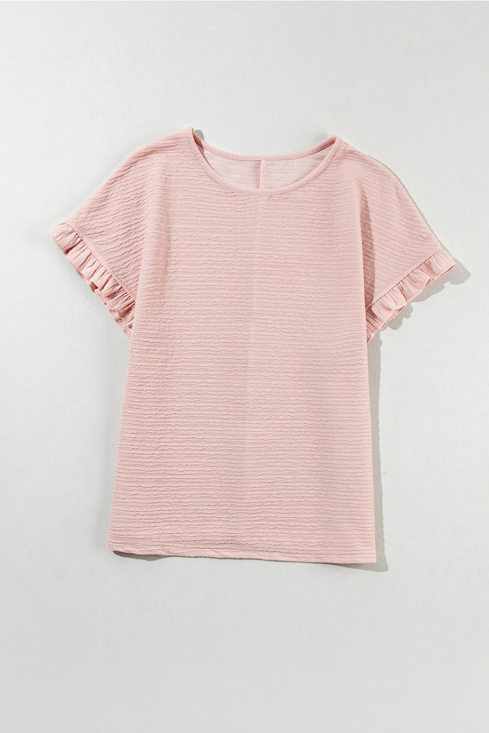 Light Pink Solid Textured Ruffled Short Sleeve Blouse-Tops/Blouses & Shirts-[Adult]-[Female]-2022 Online Blue Zone Planet