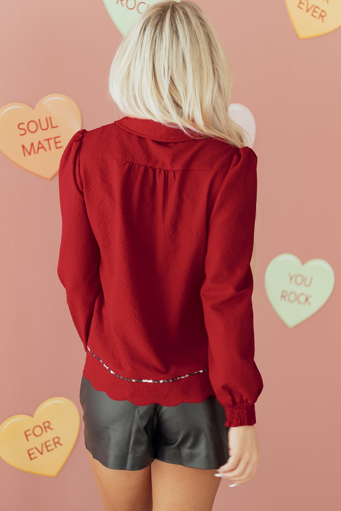 Fiery Red Collar V Neck Leopard Contrasted Trim Textured Blouse-Tops/Blouses & Shirts-[Adult]-[Female]-2022 Online Blue Zone Planet