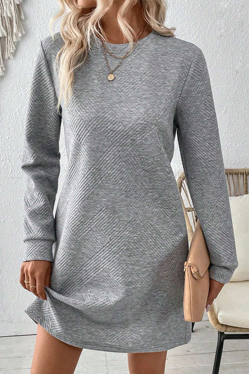 Blue Zone Planet | Gray Solid Color Textured Long Sleeve Shift Dress-TOPS / DRESSES-[Adult]-[Female]-2022 Online Blue Zone Planet