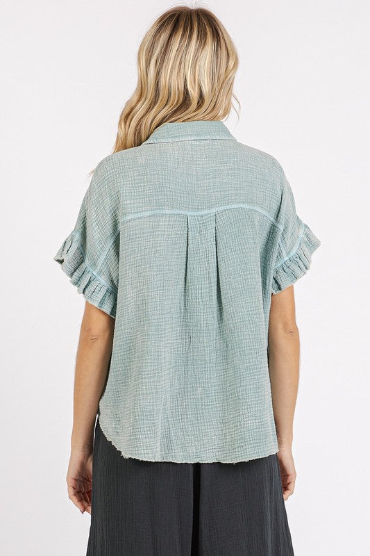 Mittoshop Mineral Washed Button Down Flounce Sleeve Shirt-TOPS / DRESSES-[Adult]-[Female]-2022 Online Blue Zone Planet