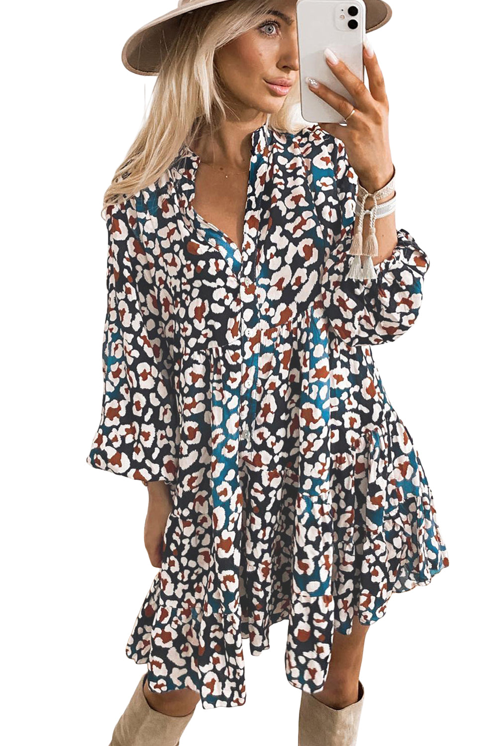 Blue Zone Planet | Blue Leopard Print Bubble Sleeve Ruffled Shirt Dress-TOPS / DRESSES-[Adult]-[Female]-2022 Online Blue Zone Planet