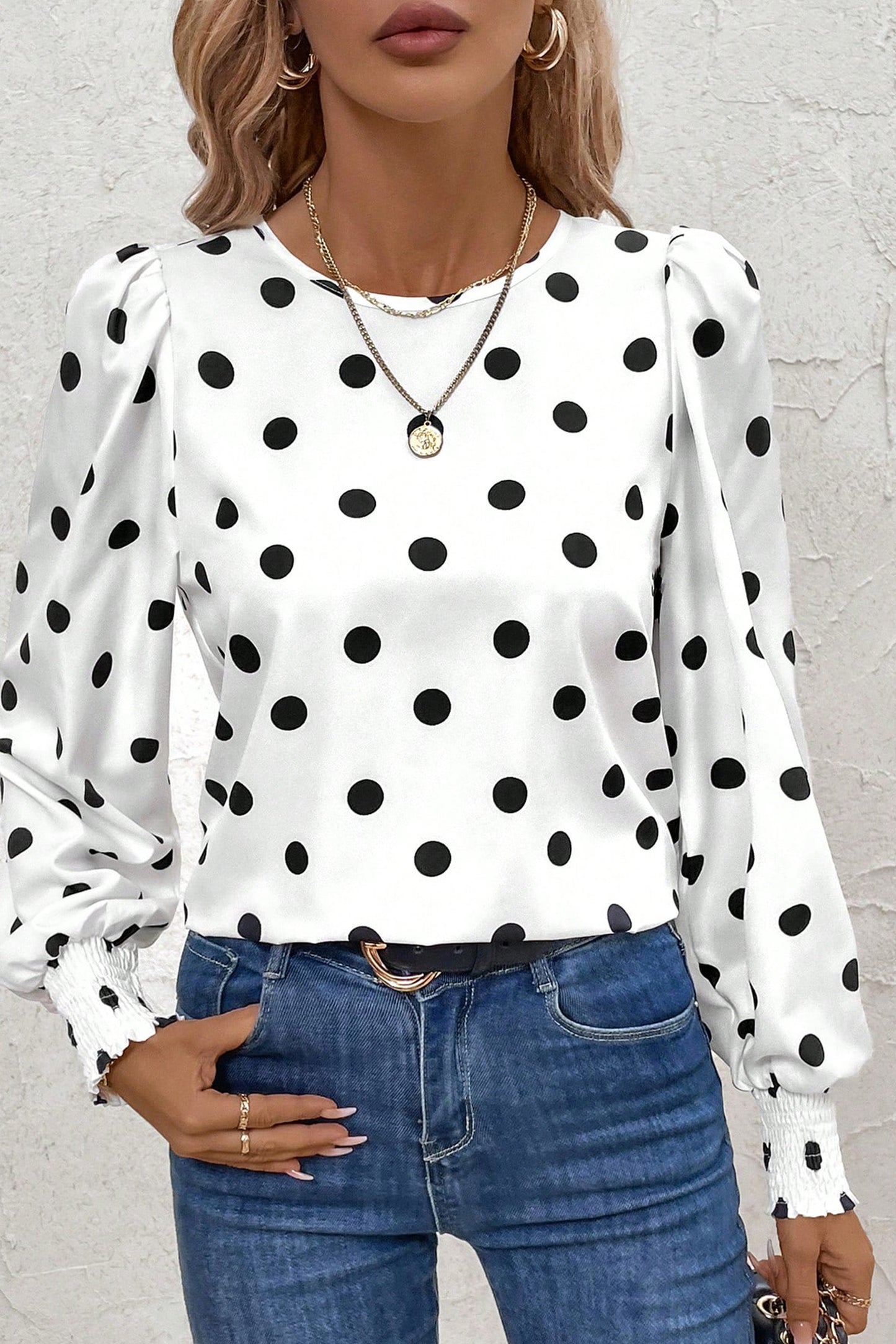 White Polka Dot Print Round Neck Frilled Long Sleeve Blouse-Tops/Blouses & Shirts-[Adult]-[Female]-2022 Online Blue Zone Planet