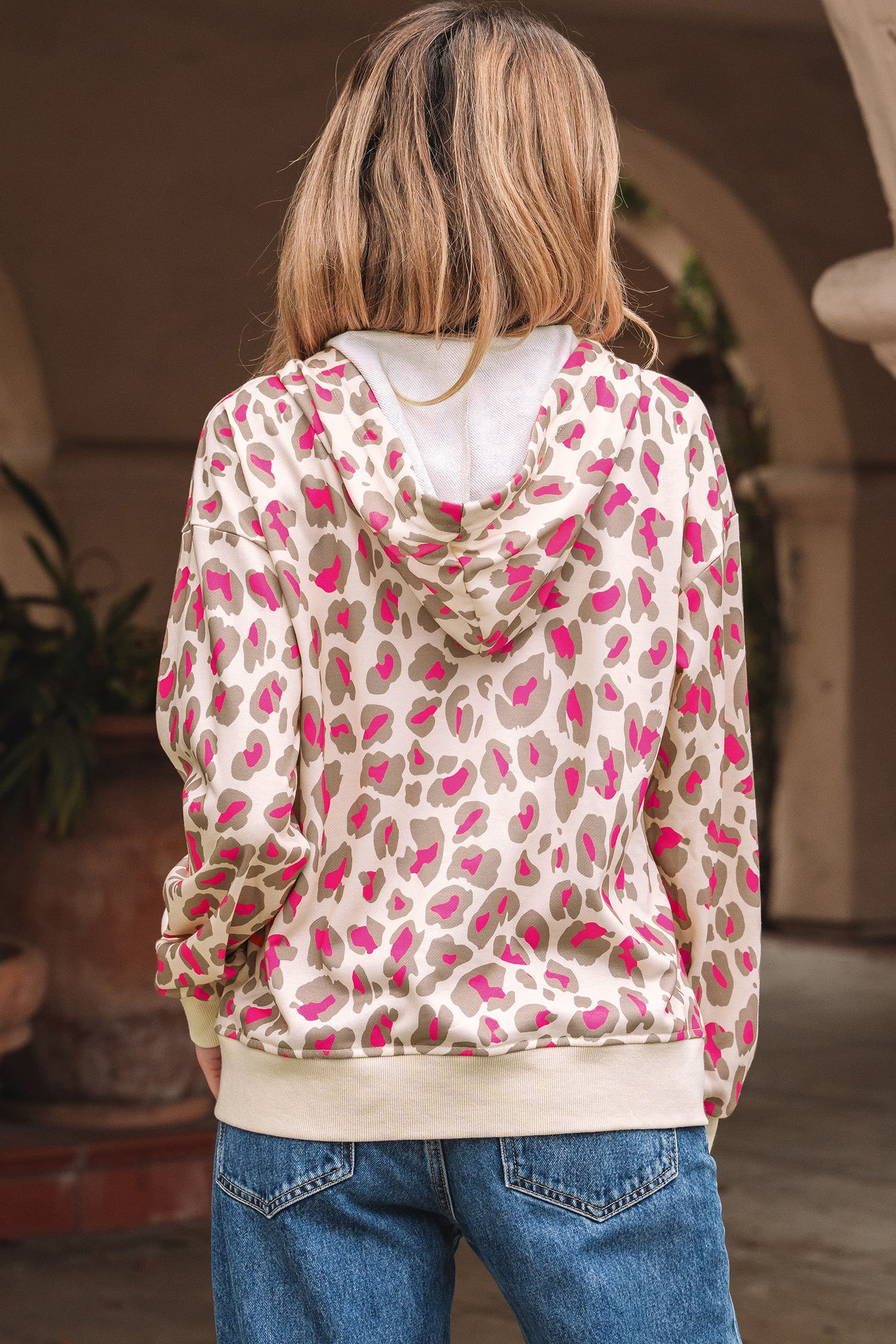 Rose Leopard Print Zip-Up Hooded Sweatshirt-Tops/Sweatshirts & Hoodies-[Adult]-[Female]-2022 Online Blue Zone Planet