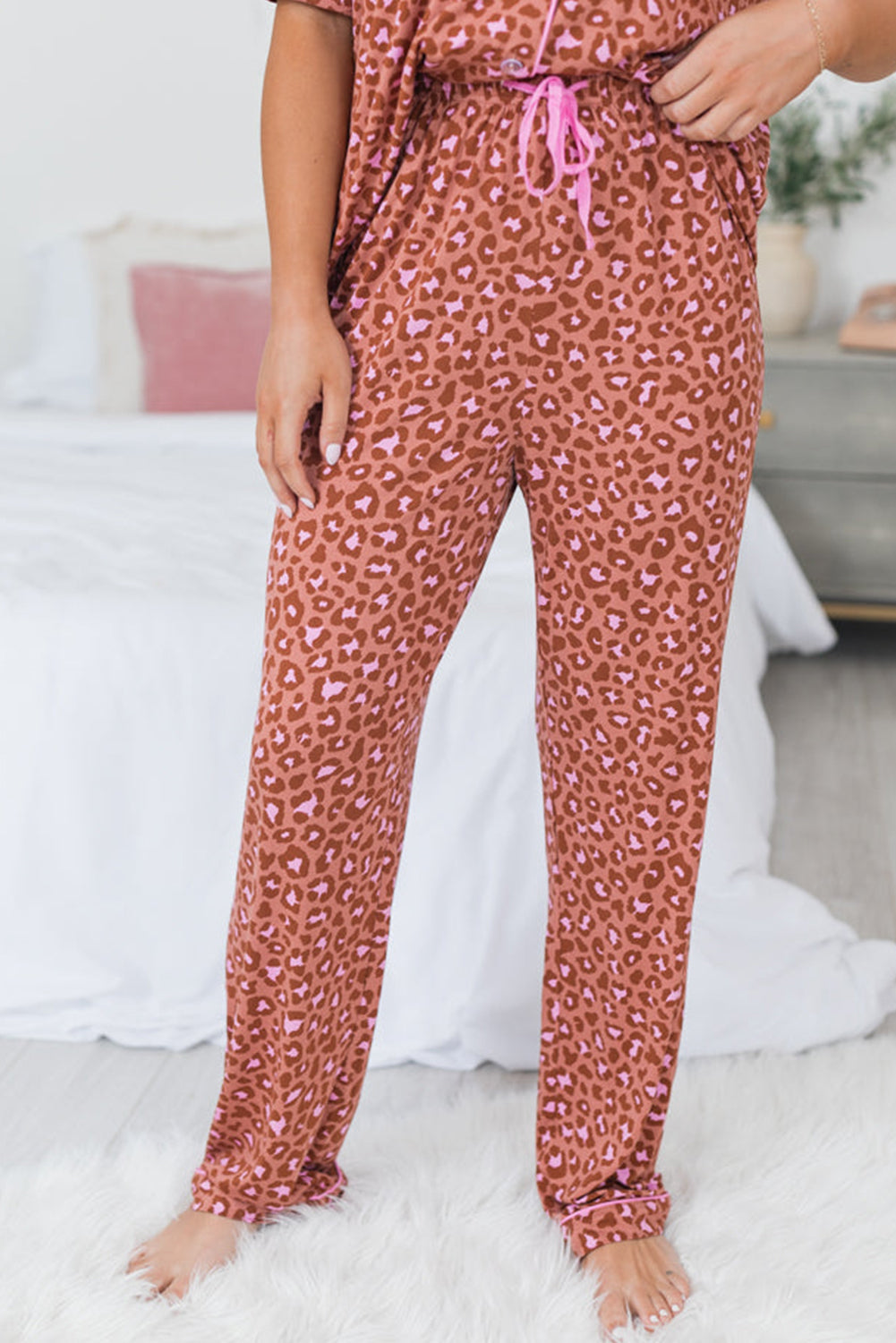 Blue Zone Planet | Brown Leopard Print Short Sleeve Shirt and Pants Pajamas Set-Loungewear & Sleepwear/Sleepwear-[Adult]-[Female]-2022 Online Blue Zone Planet